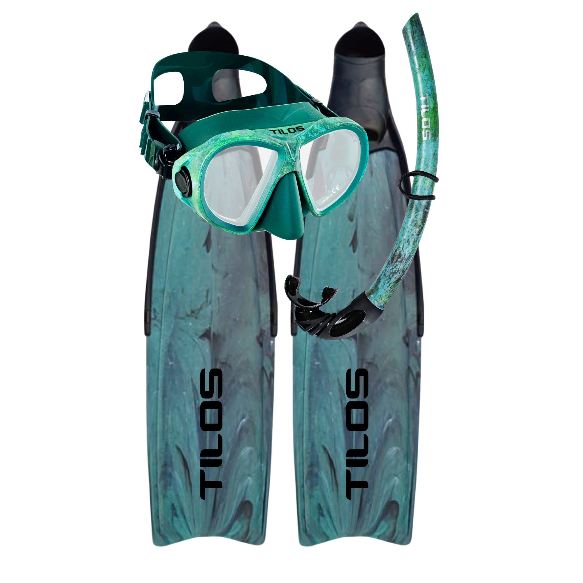 Tilos Aquastalk Mask, Spawn Semi-Dry Snorkel and Syryn Freediving Fins — complete mask, snorkel, and fin set