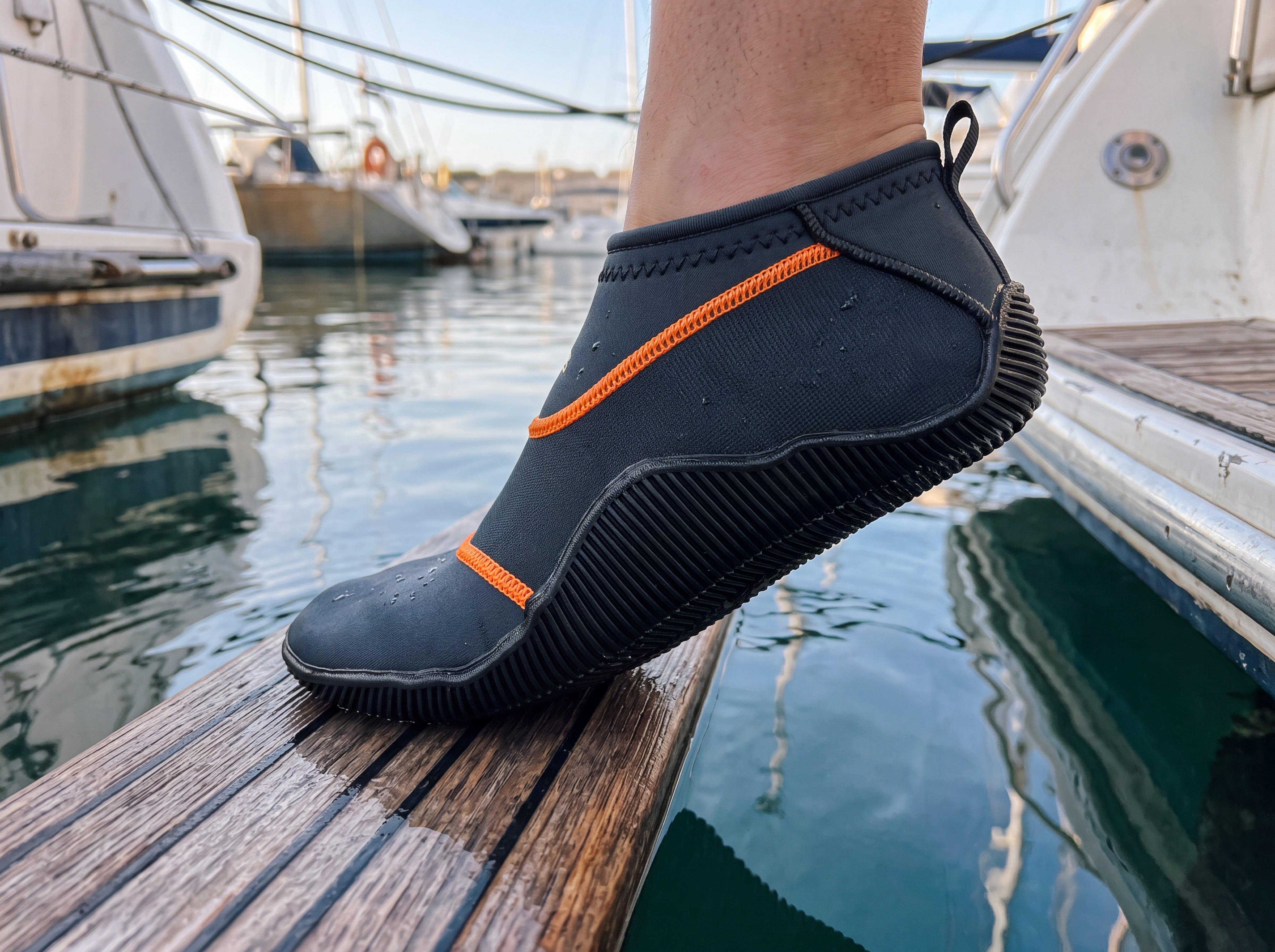Black Tilos Osmos non-slip water socks being worn stepping onto a dock at a marina, side profile showing the orange piping and molded rubber sole