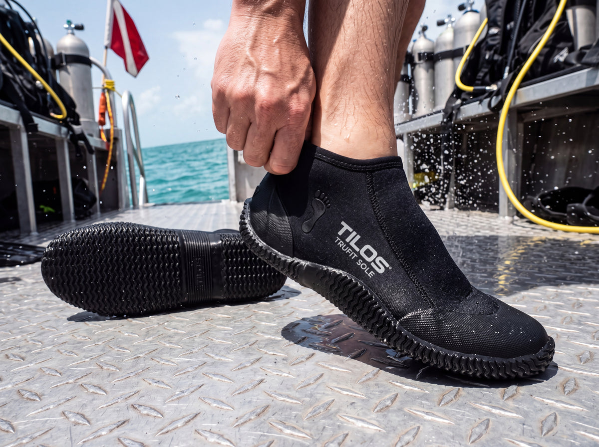 A diver wearing black Tilos 3mm low cut TruFit beach boots pulls a boot on while sitting on the deck of a dive boat.