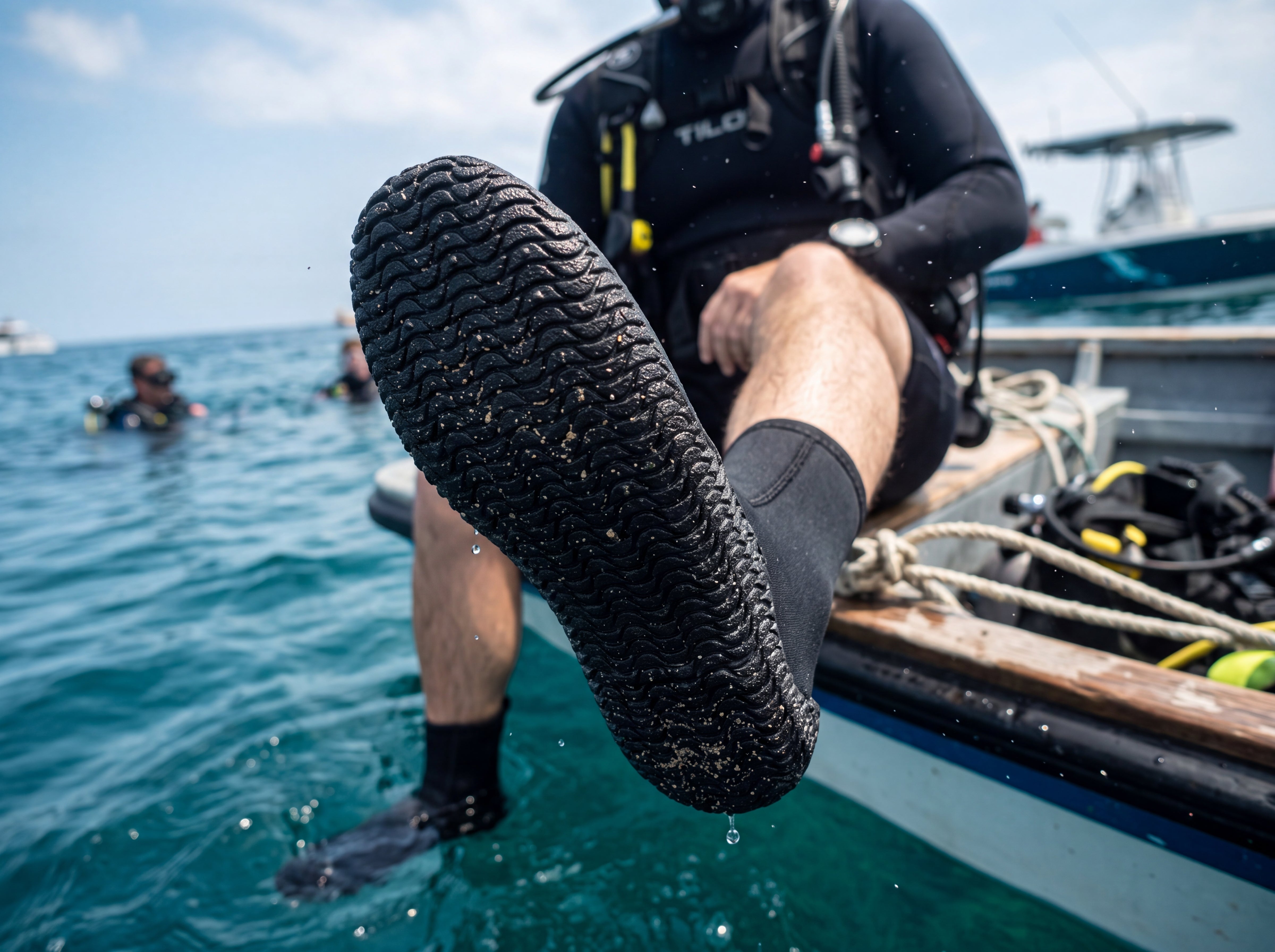 Diver wearing the Tilos 3mm Titanium Zip Trufit Boot seated on a dive boat and lifting its molded sole toward the camera