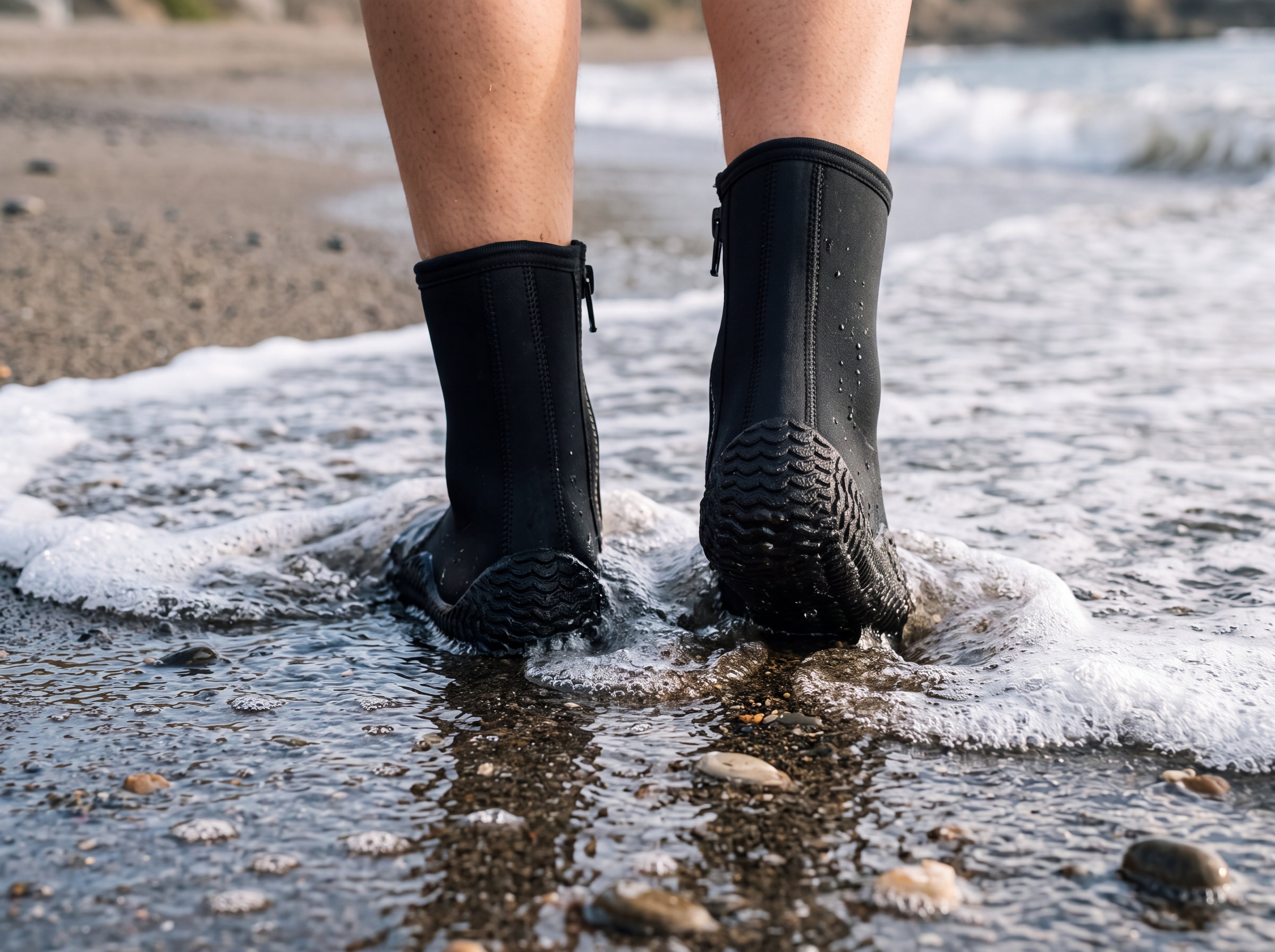 Diver wearing Tilos 3mm Titanium Zip Trufit Boots while wading into the ocean with the molded heels and soles visible