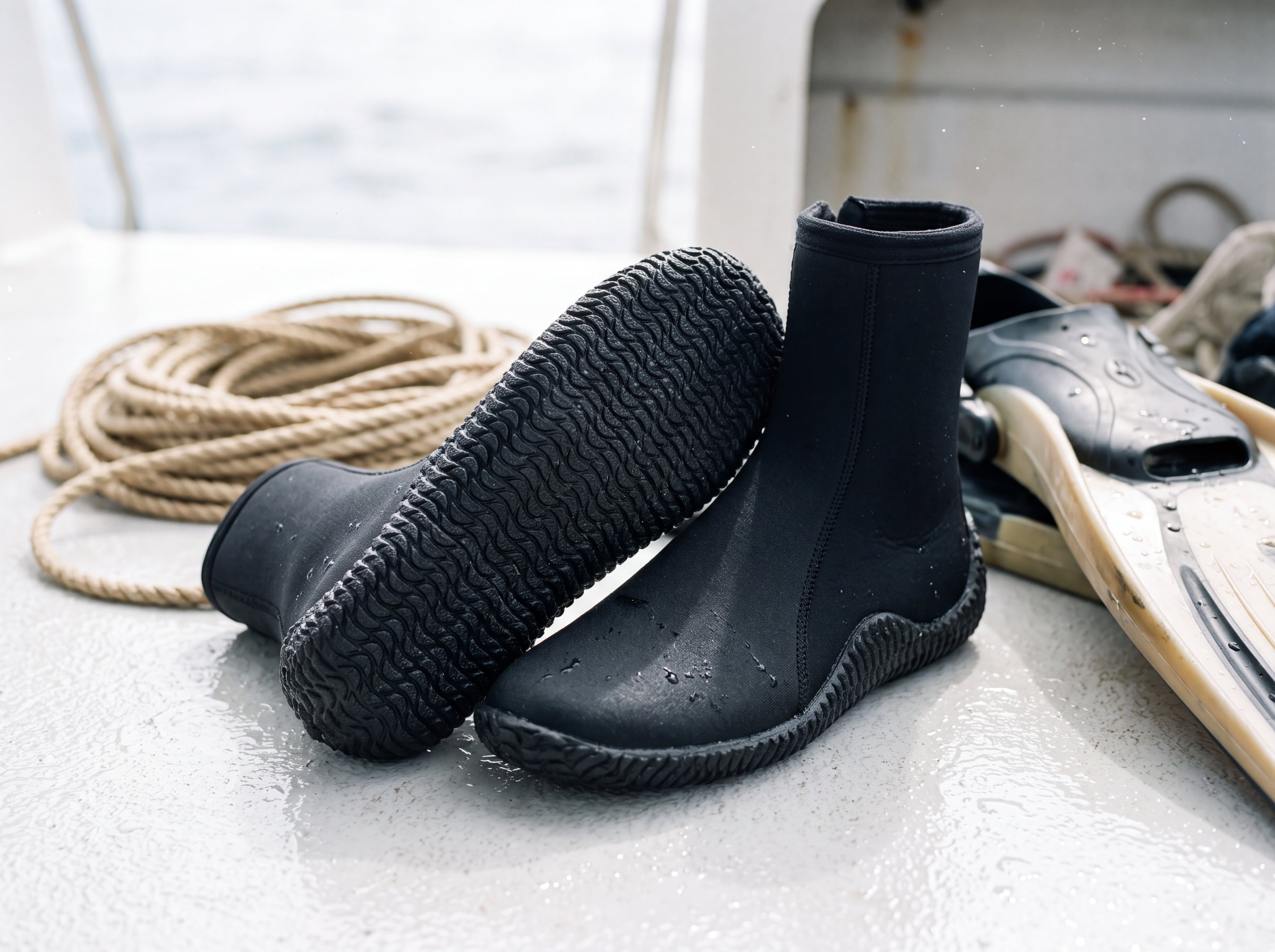Lifestyle view of a pair of Tilos 3mm Titanium Zip Trufit Boots resting on a wet dive boat deck