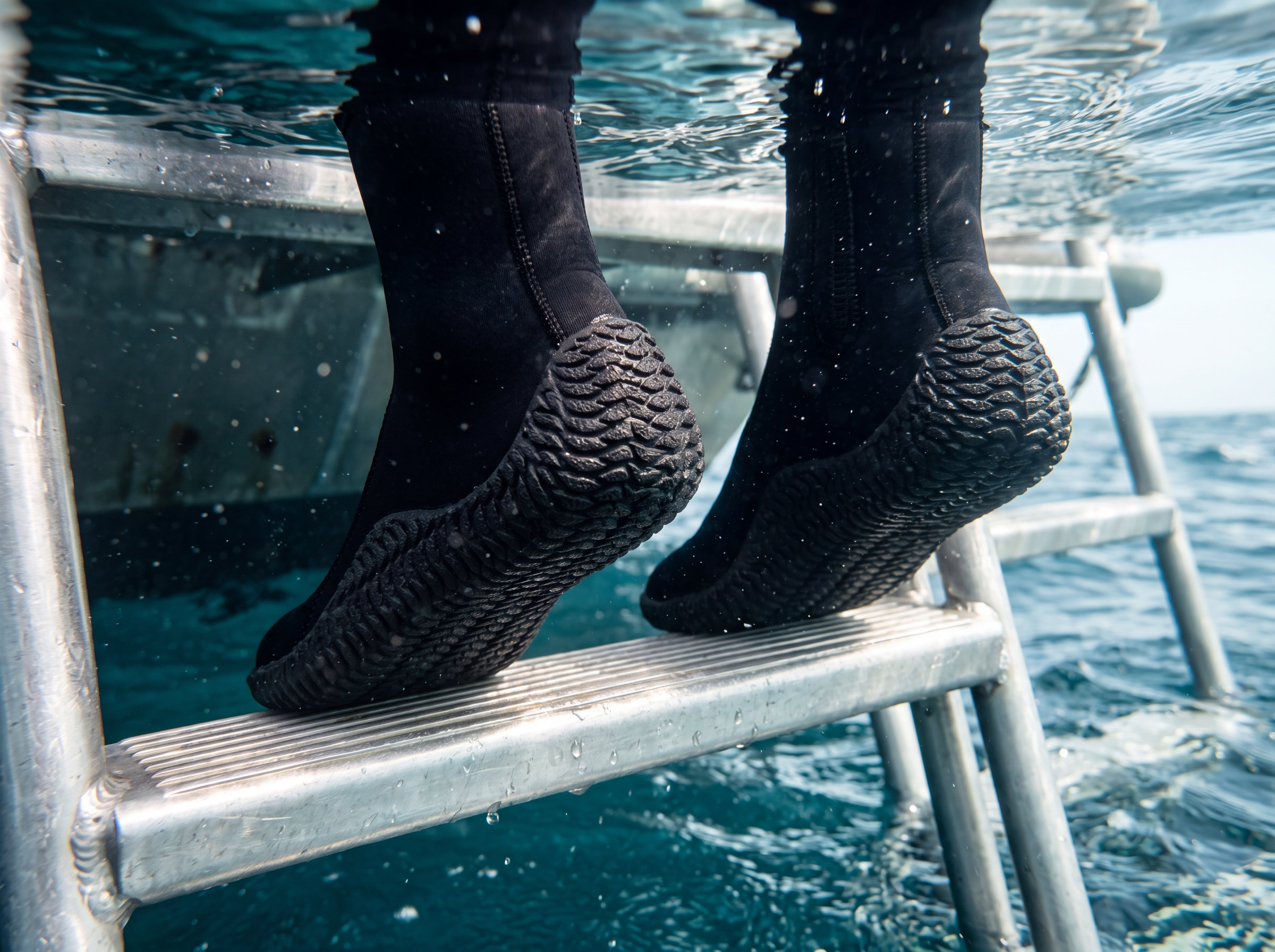 Diver wearing Tilos 3mm Titanium Zip Trufit Boots while climbing a dive boat ladder at the waterline