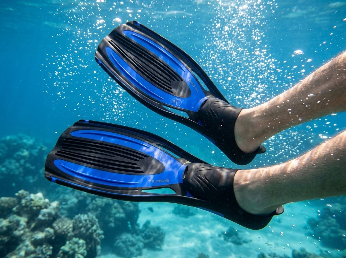 Diver wearing Tilos Saber full foot fins in blue underwater, TILOS logo visible on the blades over a coral reef