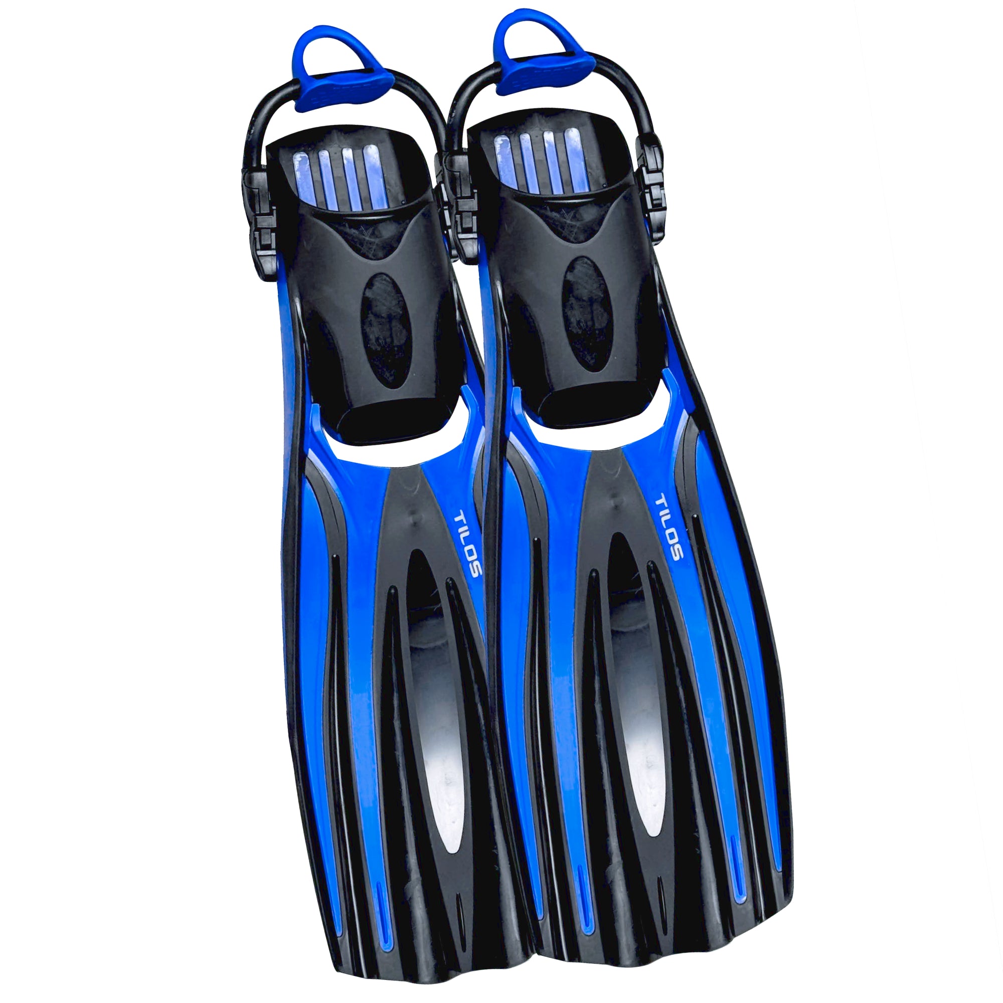 Tilos Forager Open Heel Diving Fins in blue — open heel fin, front view showing blade and foot pocket