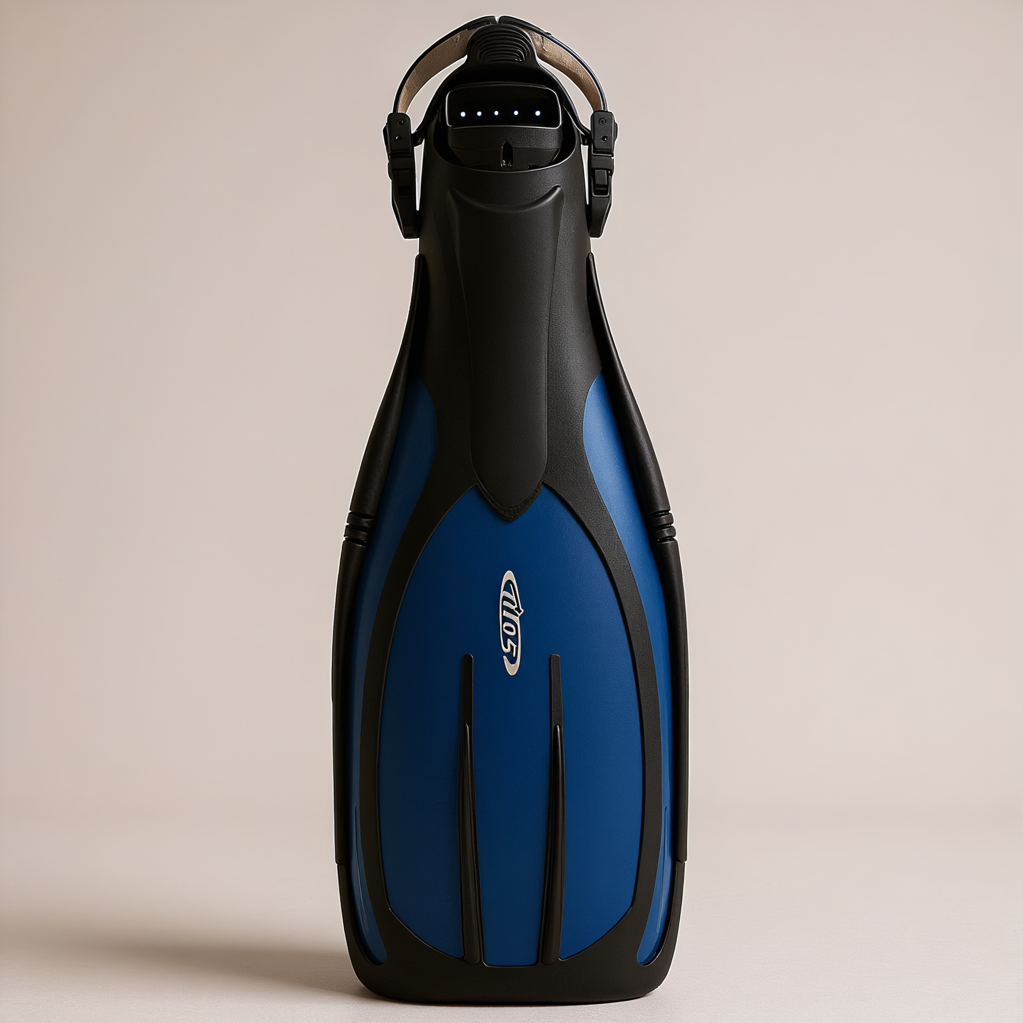 Tilos Torrent Tech Fins in blue — open heel fin, front view showing blade and foot pocket