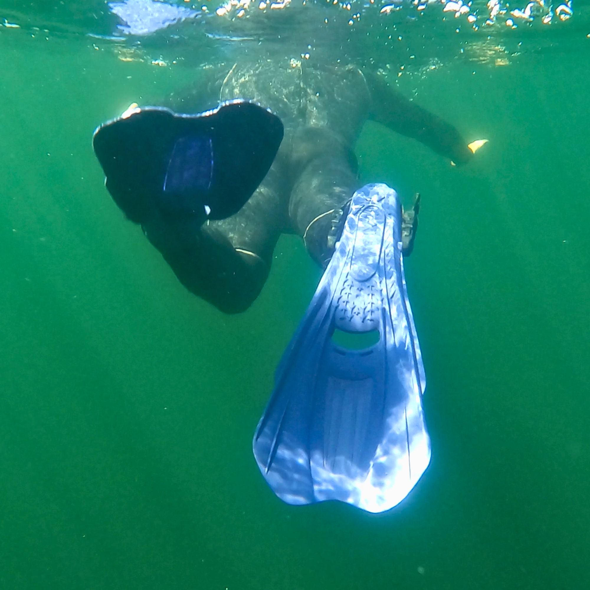 Tilos Technix Open Heel Travel Fins in blue — side view showing blade profile