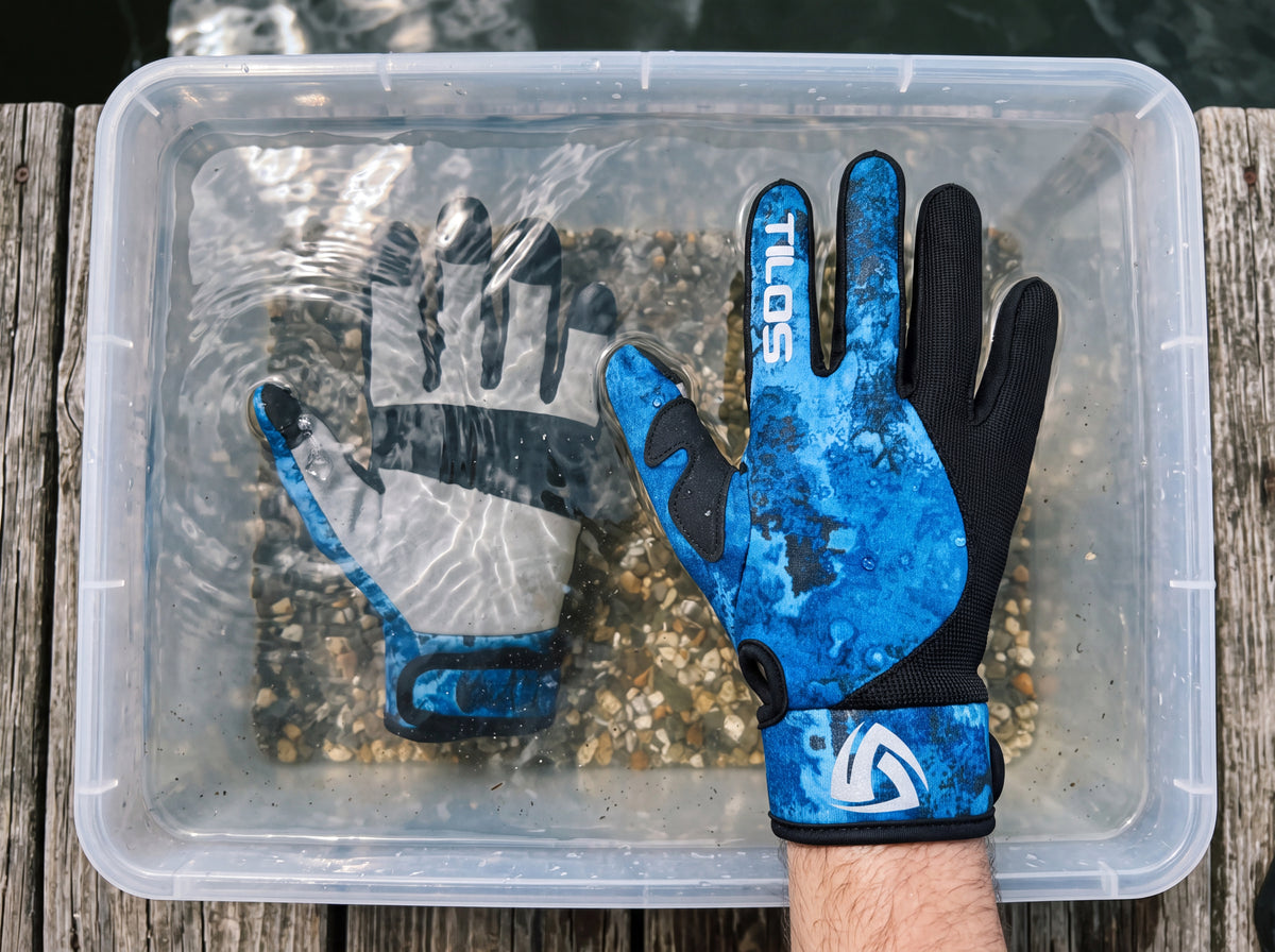 A diver rinses a pair of Blue Camo Tilos 1.5mm Tropical-X Mesh gloves in a dockside fresh water tank after a dive, shown from directly above.