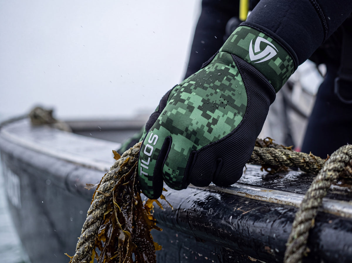 A diver hauls a wet mooring line over the gunwale of a dive boat on a cold overcast morning, wearing Digital Green Tilos 1.5mm Tropical-X Mesh gloves.