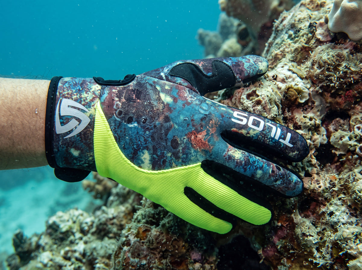 A scuba diver steadies a gloved hand against a coral encrusted rock underwater on a shallow reef, wearing Green Camo Tilos 1.5mm Tropical-X Mesh gloves with a neon yellow green accent panel.