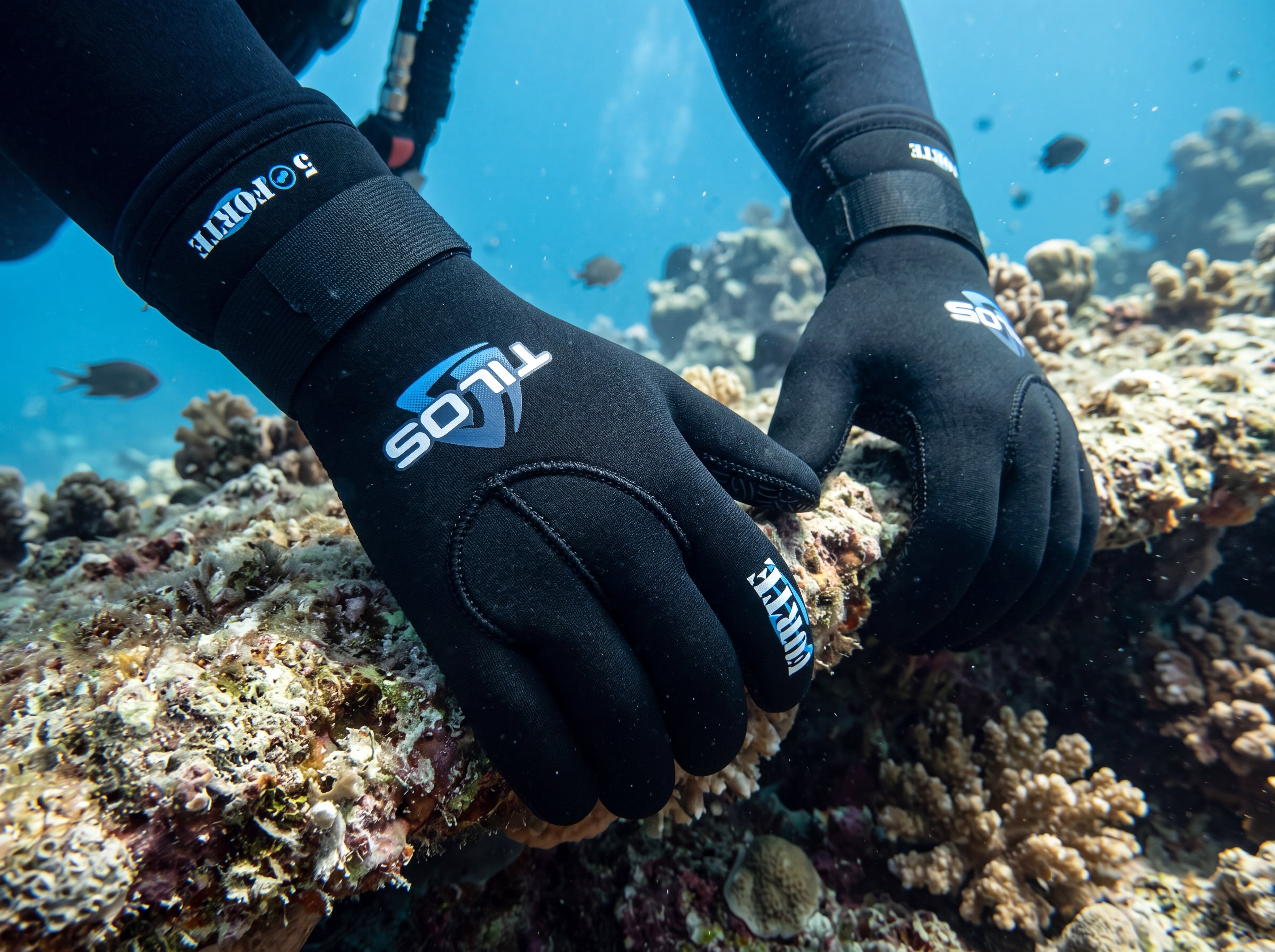 Scuba diver reaching for a reef ledge wearing black Tilos 5mm Titanium neoprene dive gloves, TILOS logo on the glove back