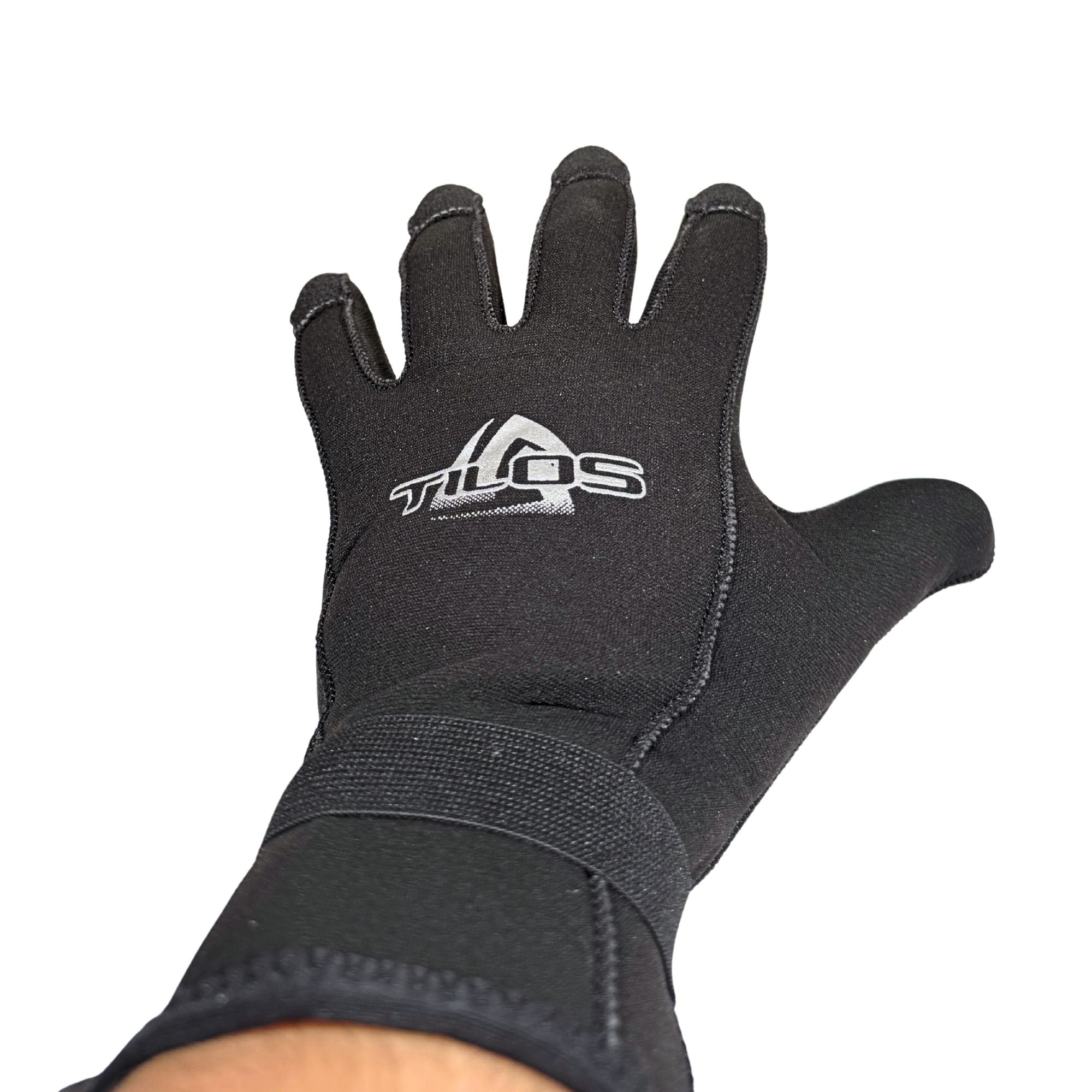 Tilos 3mm Rhinoskin Velcro Gloves in black — neoprene dive glove, back of hand view