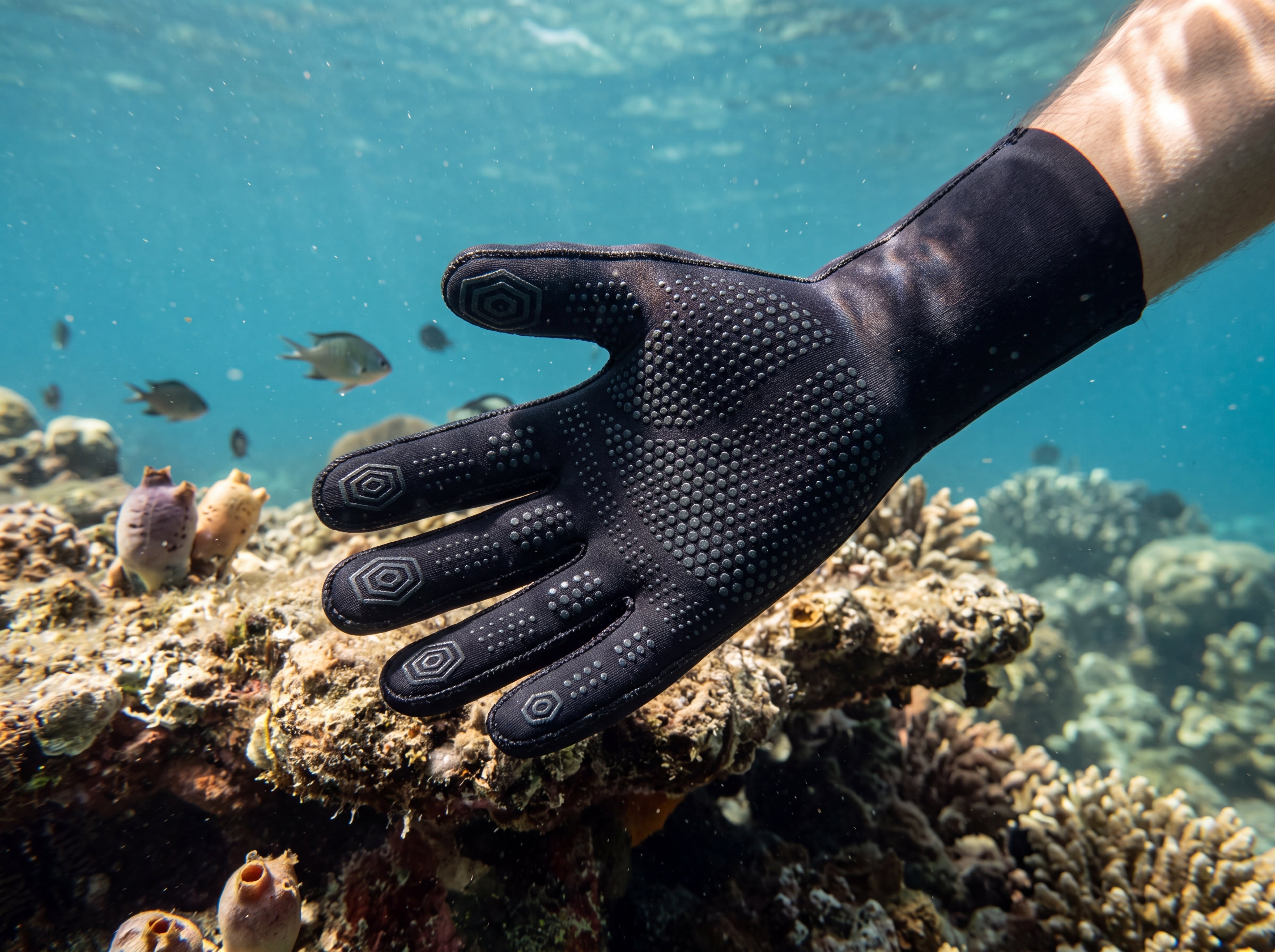 Diver wearing the Tilos 3mm Thermoflare Superstretch Glove in black steadying against a rocky coral reef ledge underwater, palm grip texture facing the camera