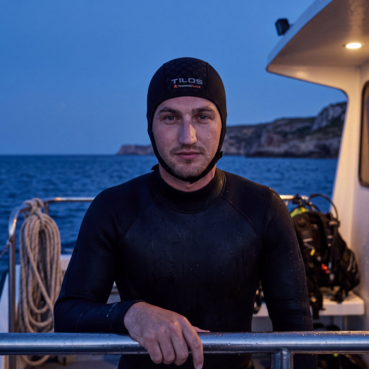 Snorkeler at a dive boat rail at dusk wearing the Tilos 1mm Thermoflare Chin Strap Beanie in black