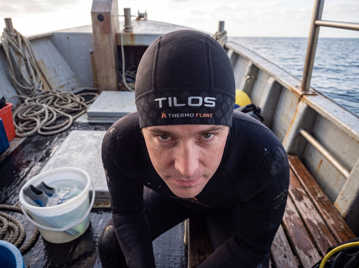 A diver in a wetsuit rests on the deck of a small dive boat between dives, coiled rope and a rinse bucket behind, wearing a black Tilos Thermoflare neoprene skull cap.