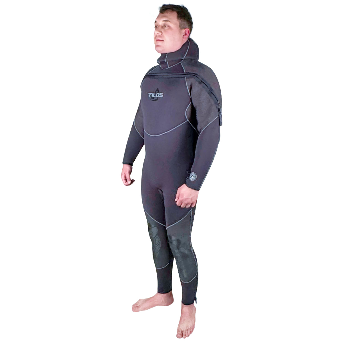 Tilos 7/6/5mm Skyros Supreme Stretch Hooded Suit — back view showing zipper