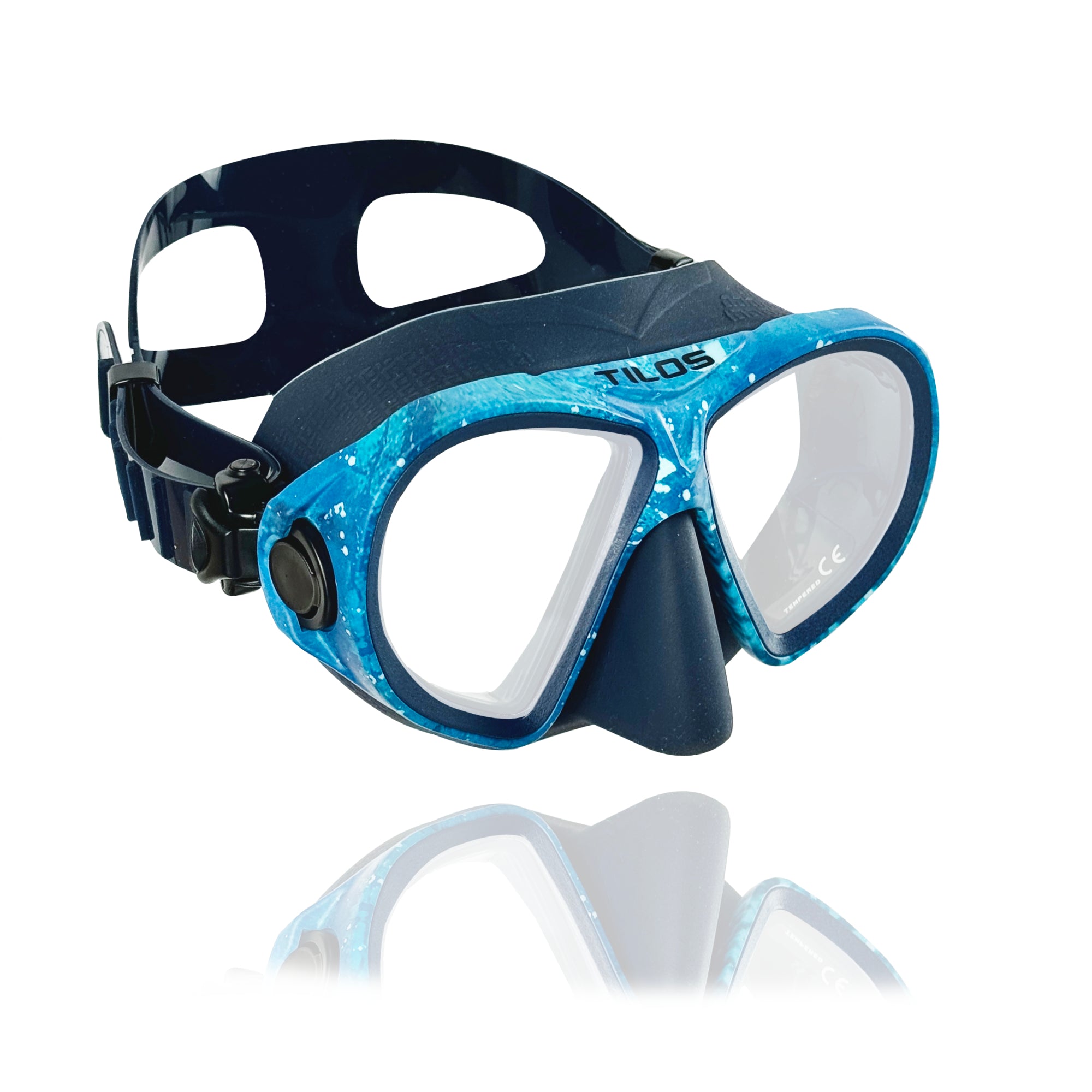 Tilos AquaStalk Dive Mask in blue — front view showing lens and silicone skirt