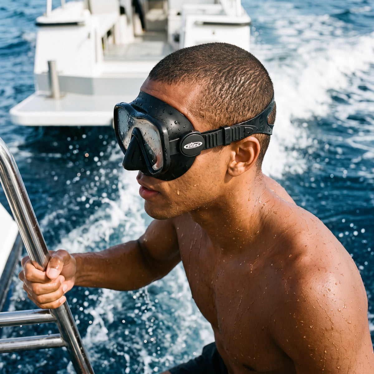 Snorkeler climbing a dive boat transom ladder wearing the black Tilos Insight Frameless Mask