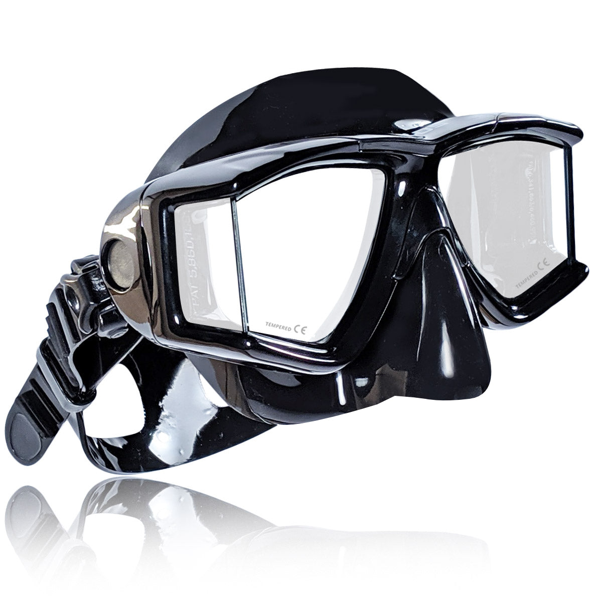 Tilos Double Lens Panoramic Mask in black — side profile showing skirt and strap