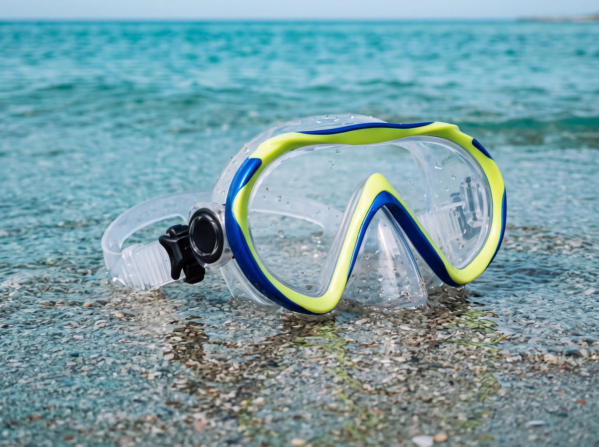 Tilos Cosmos Jr junior snorkeling mask in metallic blue and lime in the water at the shoreline shallows