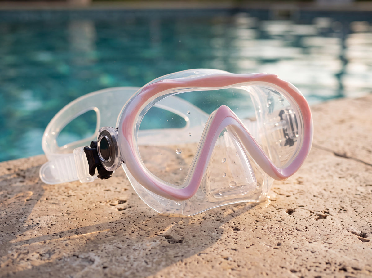 Tilos Cosmos Jr single lens junior snorkeling mask in white and pastel pink resting poolside on travertine, clear silicone skirt and strap