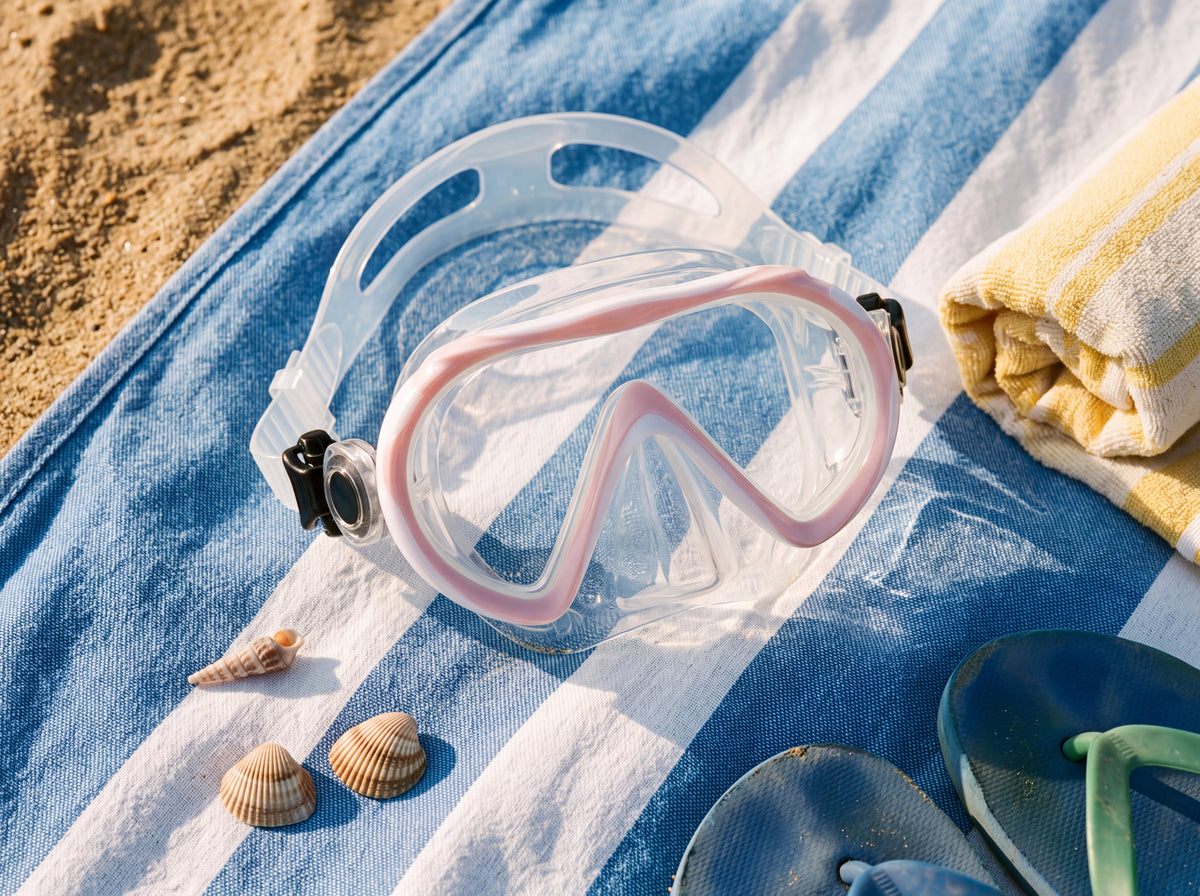 Tilos Cosmos Jr kids snorkeling mask in white and pastel pink in a lifestyle flat lay on a beach towel with shells