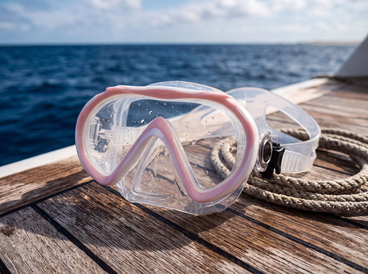 Tilos Cosmos Jr junior mask in white and pastel pink on a teak boat deck beside coiled rope, lifestyle shot