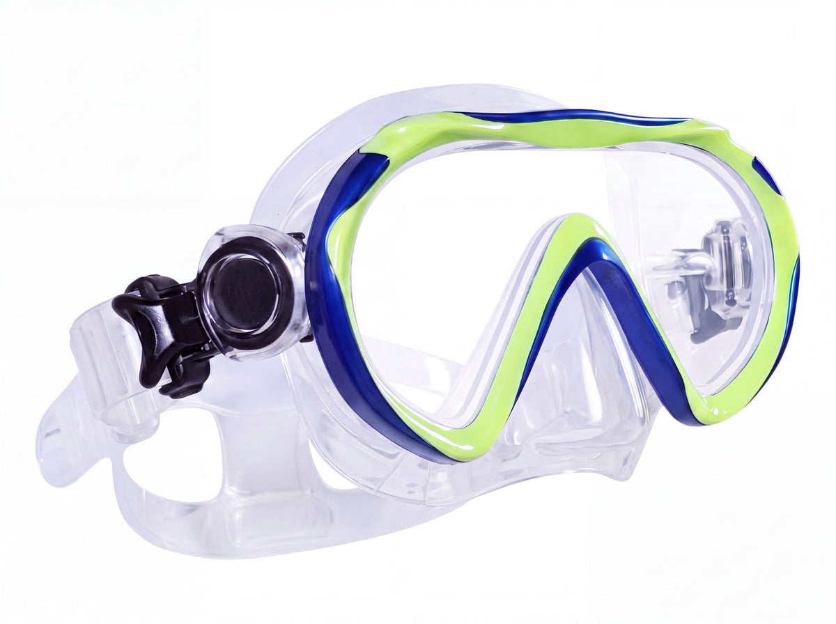 Tilos Cosmos Jr single lens junior snorkeling mask in metallic blue and yellow on a pure white studio background
