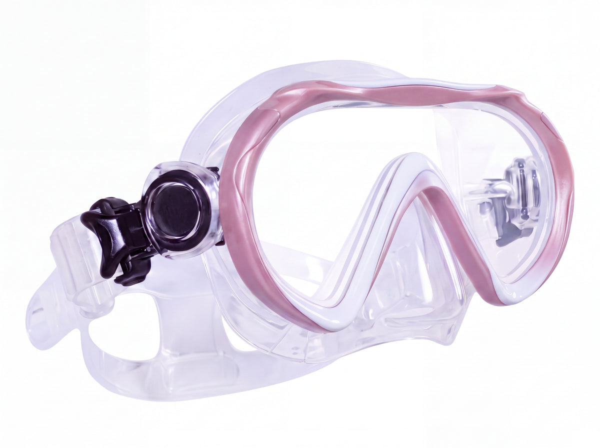 Tilos Cosmos Jr single lens junior snorkeling mask in white and pink on a pure white studio background