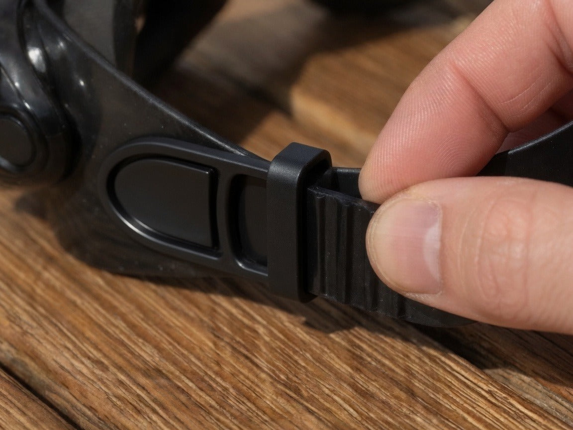 Hand sliding a black Tilos mask strap retainer onto the mask strap immediately behind the buckle