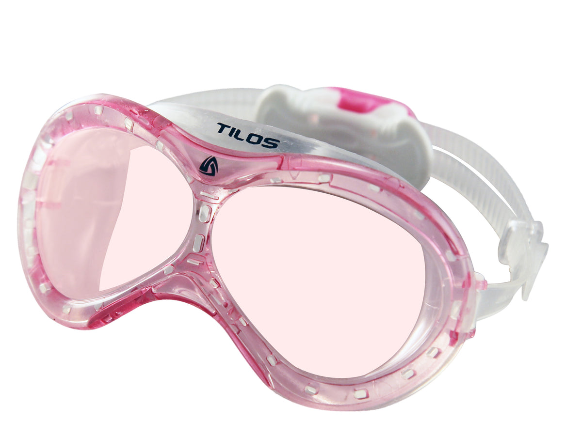 Pink Tilos Dyno toddler swim mask on a pure white background