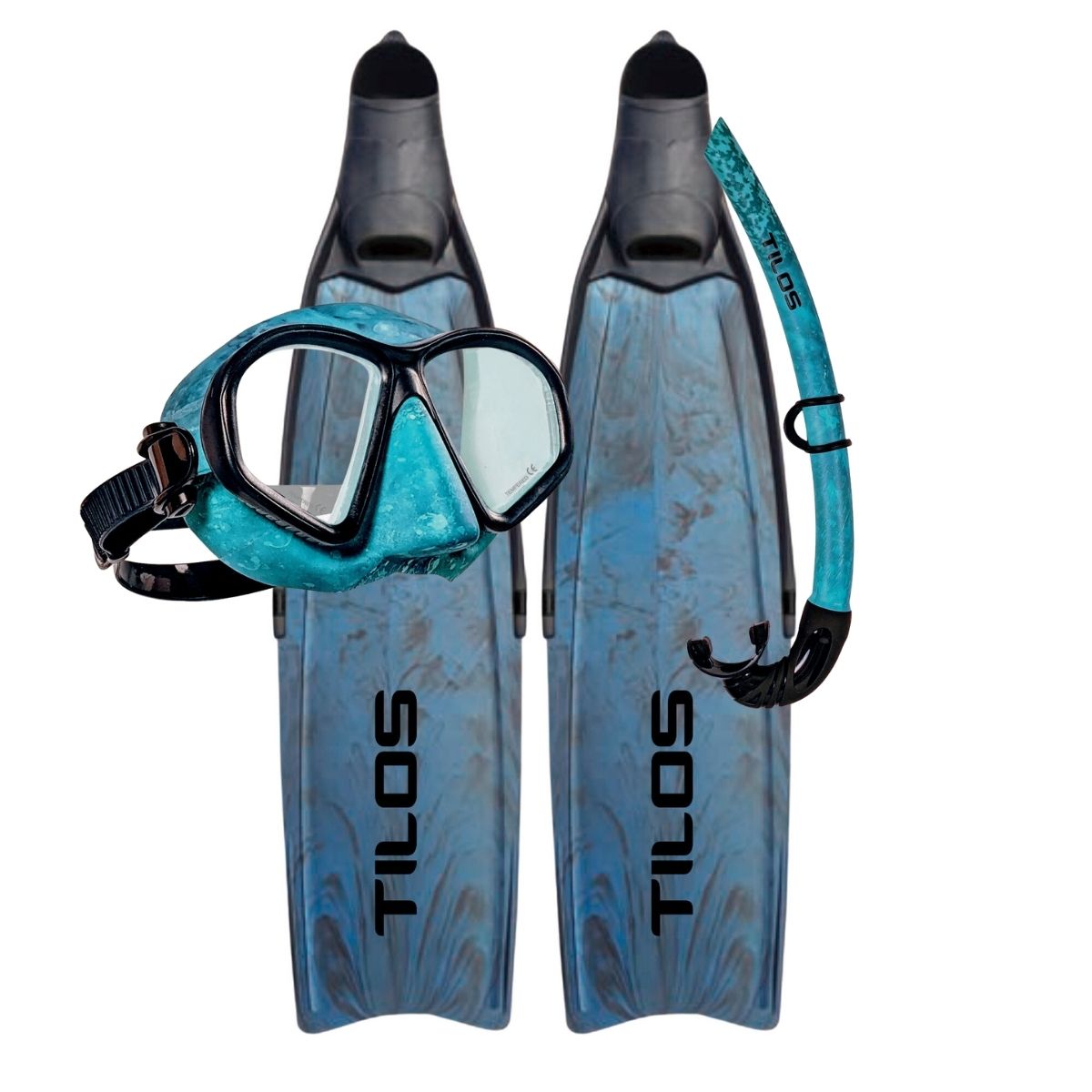 Tilos Spawn Mask with Spawn Snorkel and Syryn Freediving Fins in blue — set components detail view