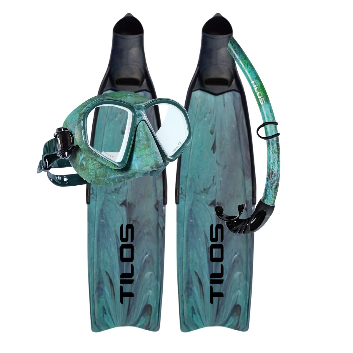 Tilos Spawn Mask with Spawn Snorkel and Syryn Freediving Fins — set components detail view