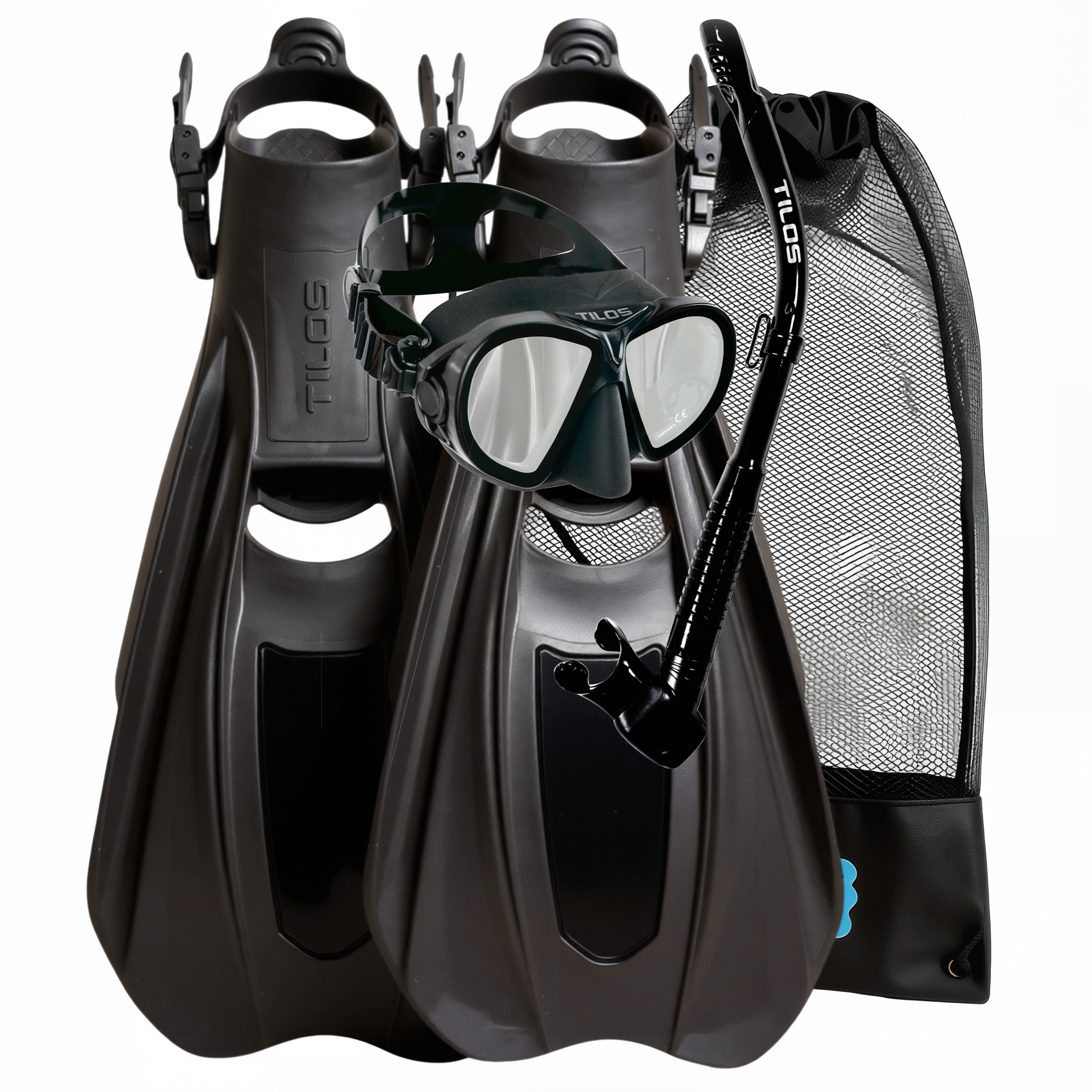 Tilos Aquastalk Mask, Hi-Flow II Semi-Dry Snorkel and Technix Fins Set in black — set components detail view