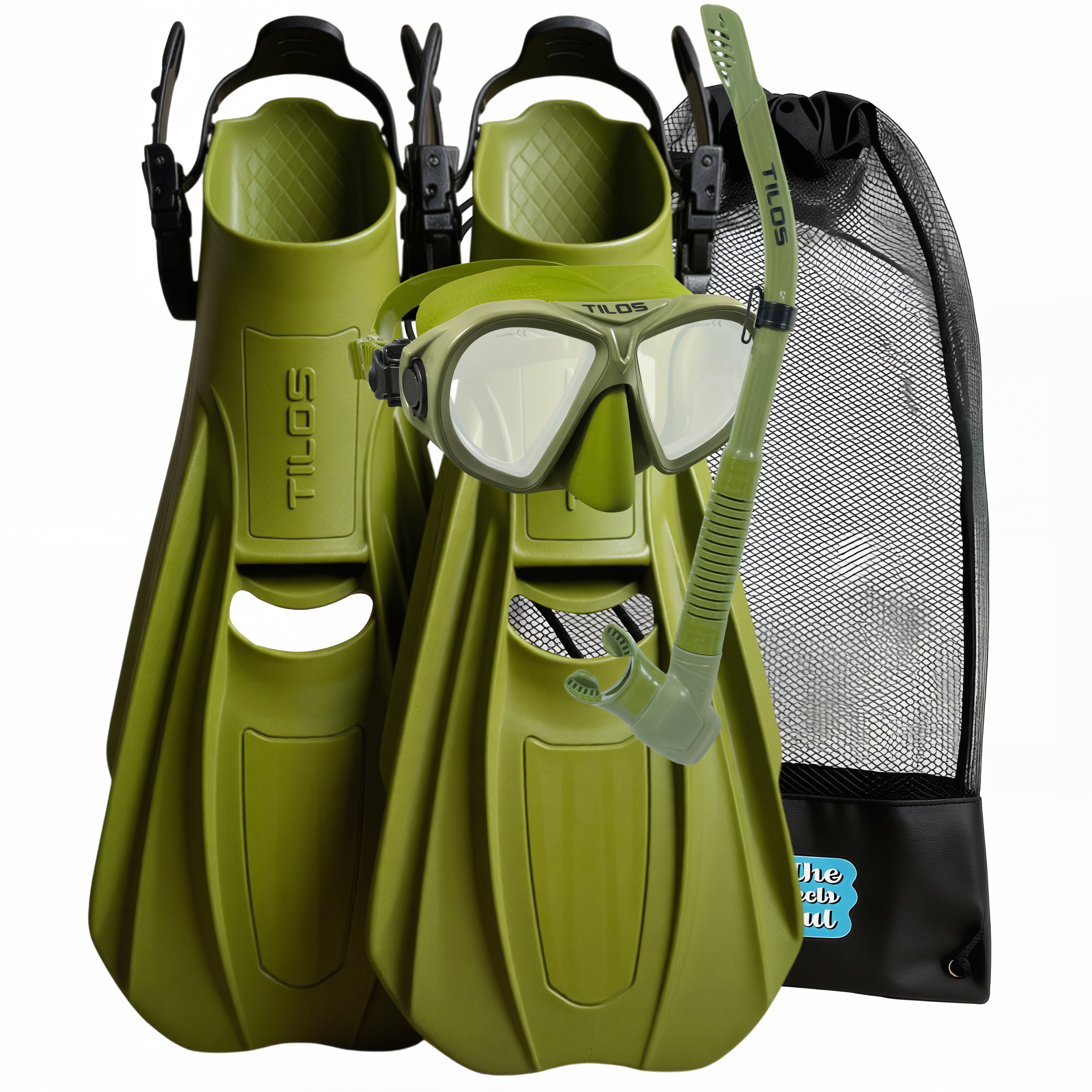 Tilos Aquastalk Mask, Hi-Flow II Semi-Dry Snorkel and Technix Fins Set — set components detail view