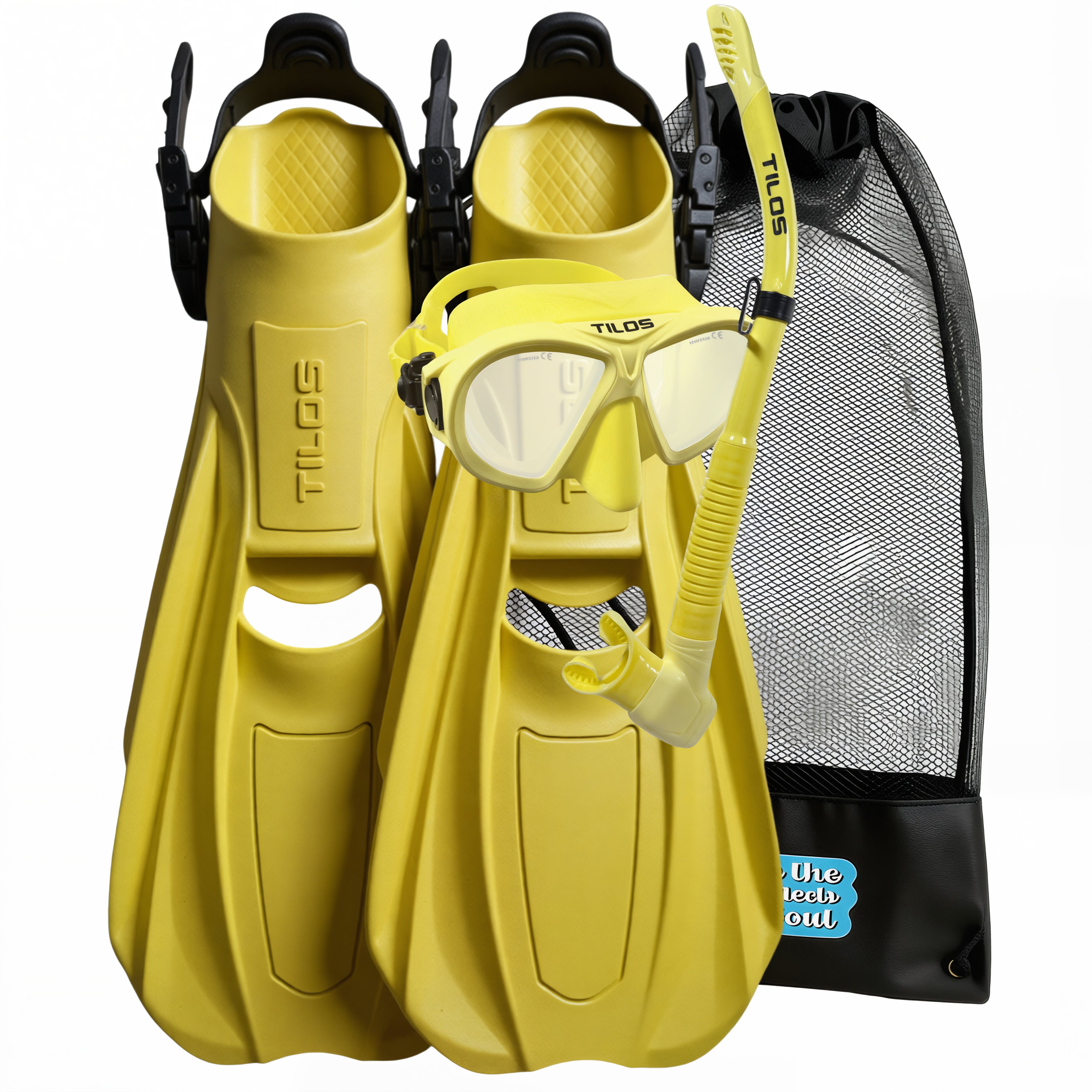 Snorkeler using the complete Tilos Aquastalk Mask, Hi-Flow II Semi-Dry Snorkel and Technix Fins Set set