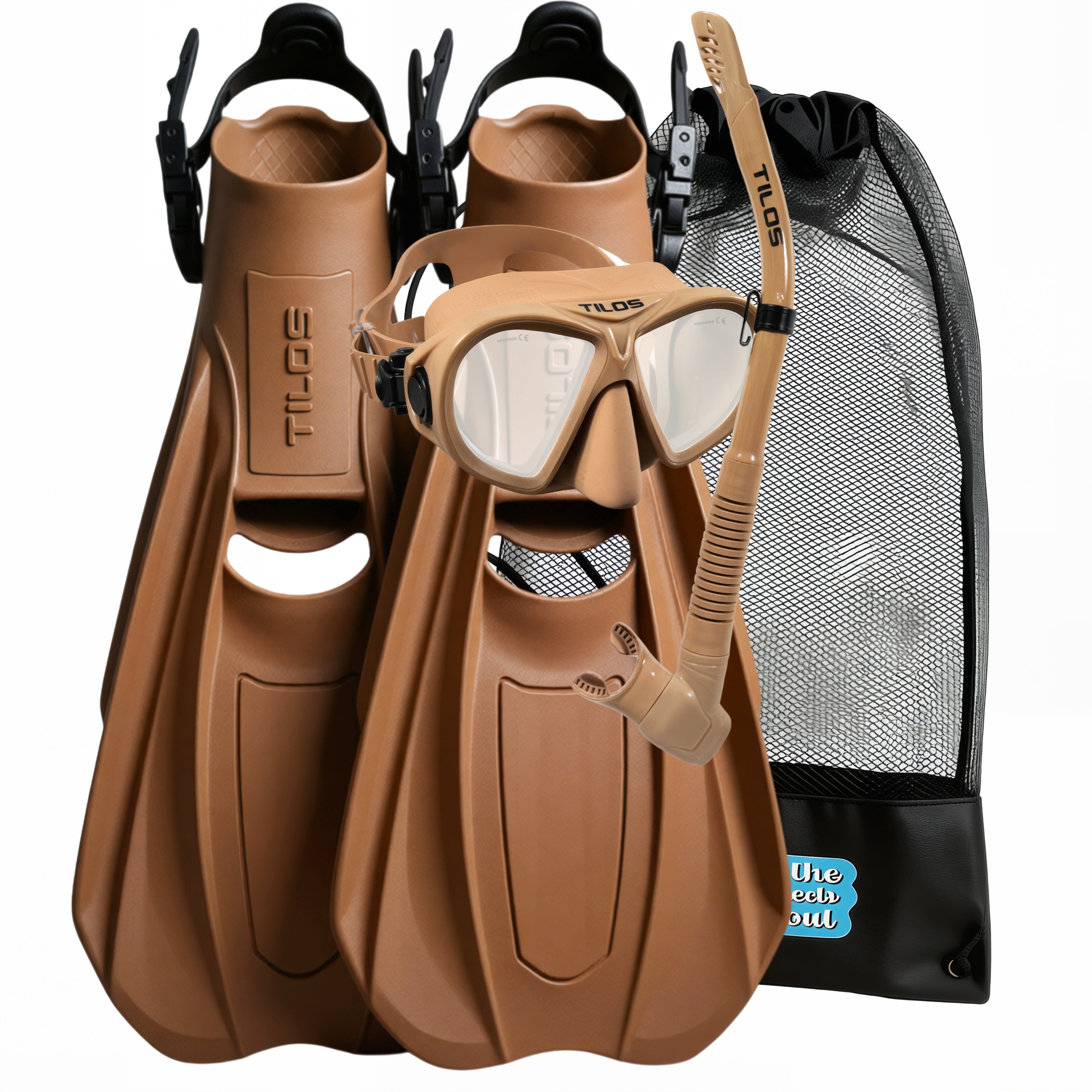 Tilos Aquastalk Mask, Hi-Flow II Semi-Dry Snorkel and Technix Fins Set — complete mask, snorkel, and fin set