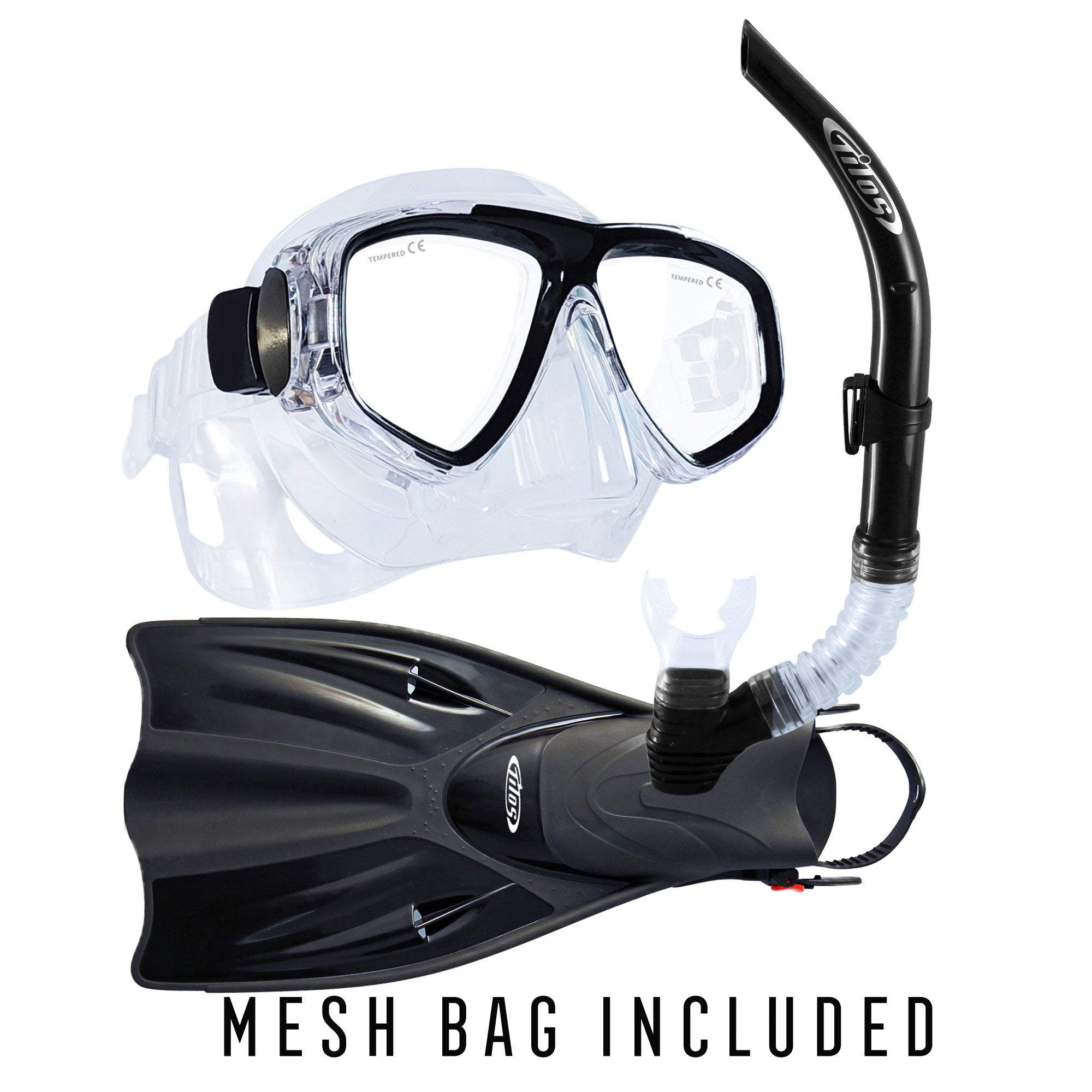 Tilos Fantasia Mask, U-Pro II Snorkel and Getaway Fins Set in black — set components detail view