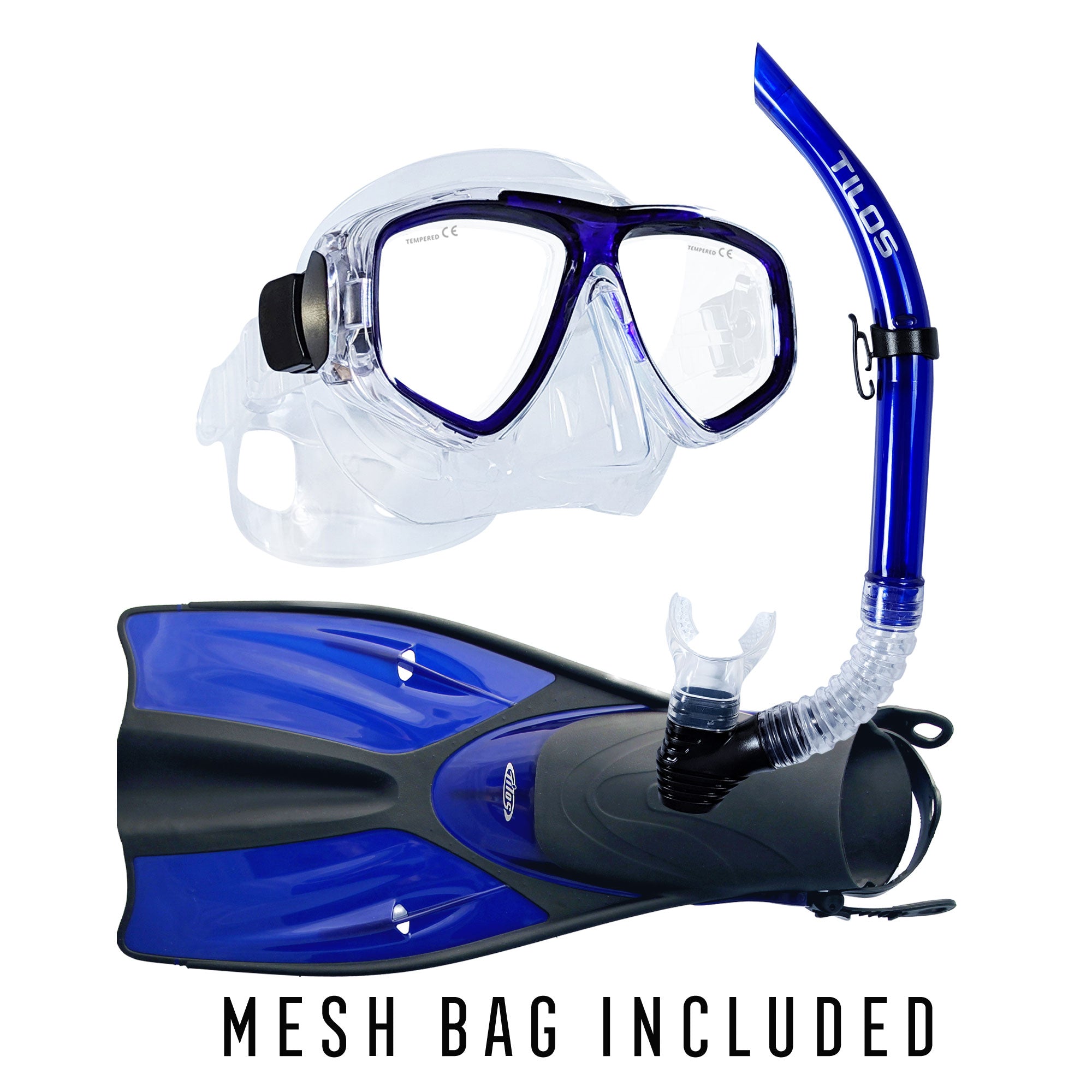 Tilos Fantasia Mask, U-Pro II Snorkel and Getaway Fins Set in blue — set components detail view