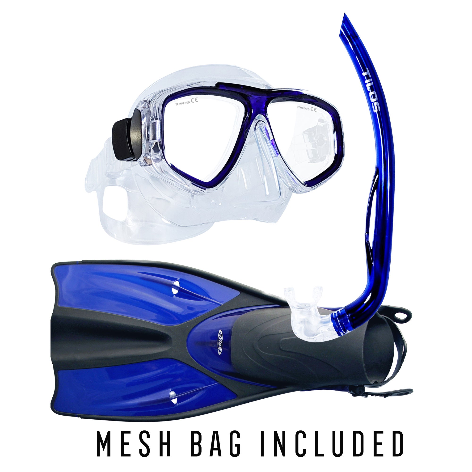 Tilos Fantasia Mask, Basic J Snorkel and Getaway Fins Set in blue — set components detail view