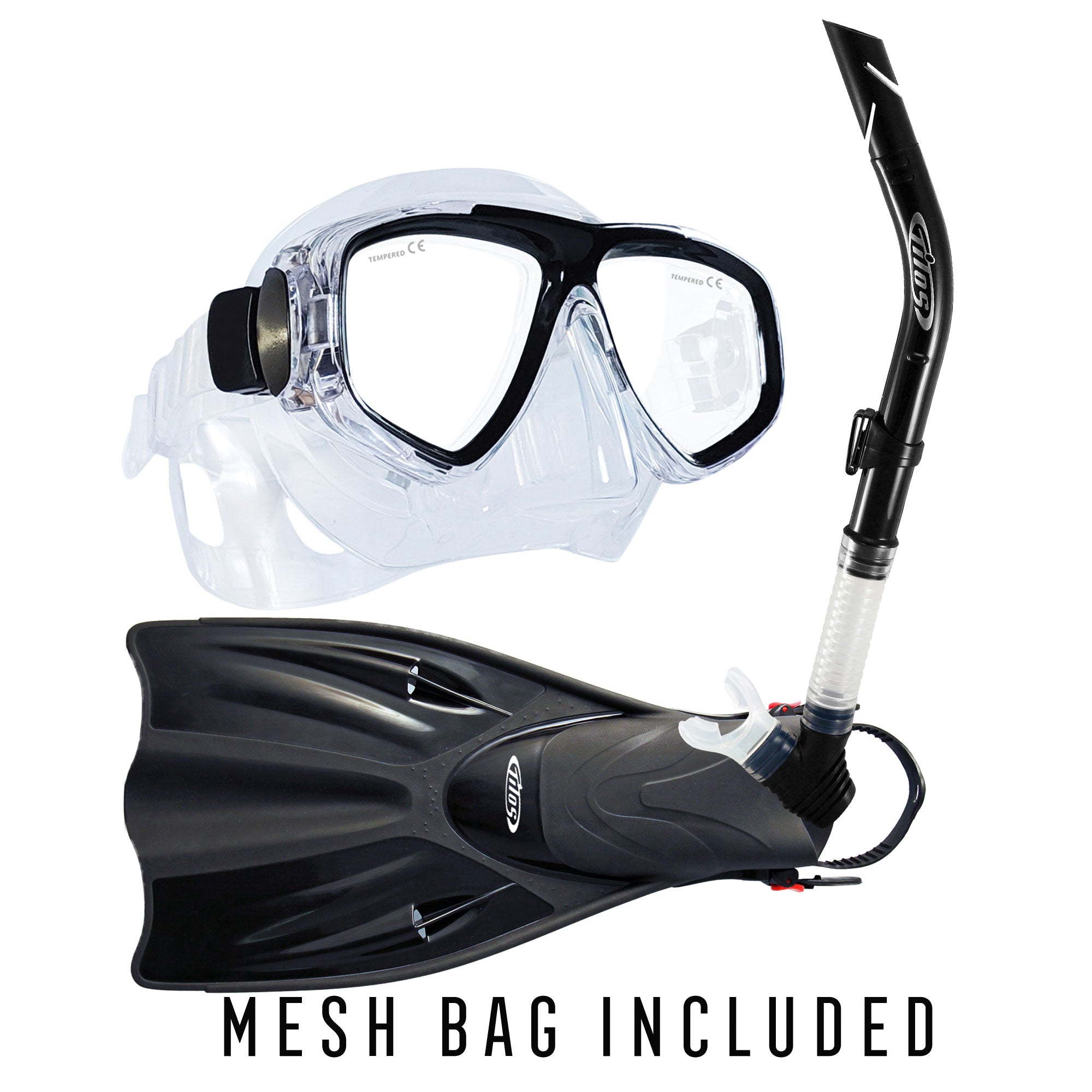 Tilos Fantasia Mask, Splash Semi-Dry Snorkel and Getaway Fins Set in black — set components detail view