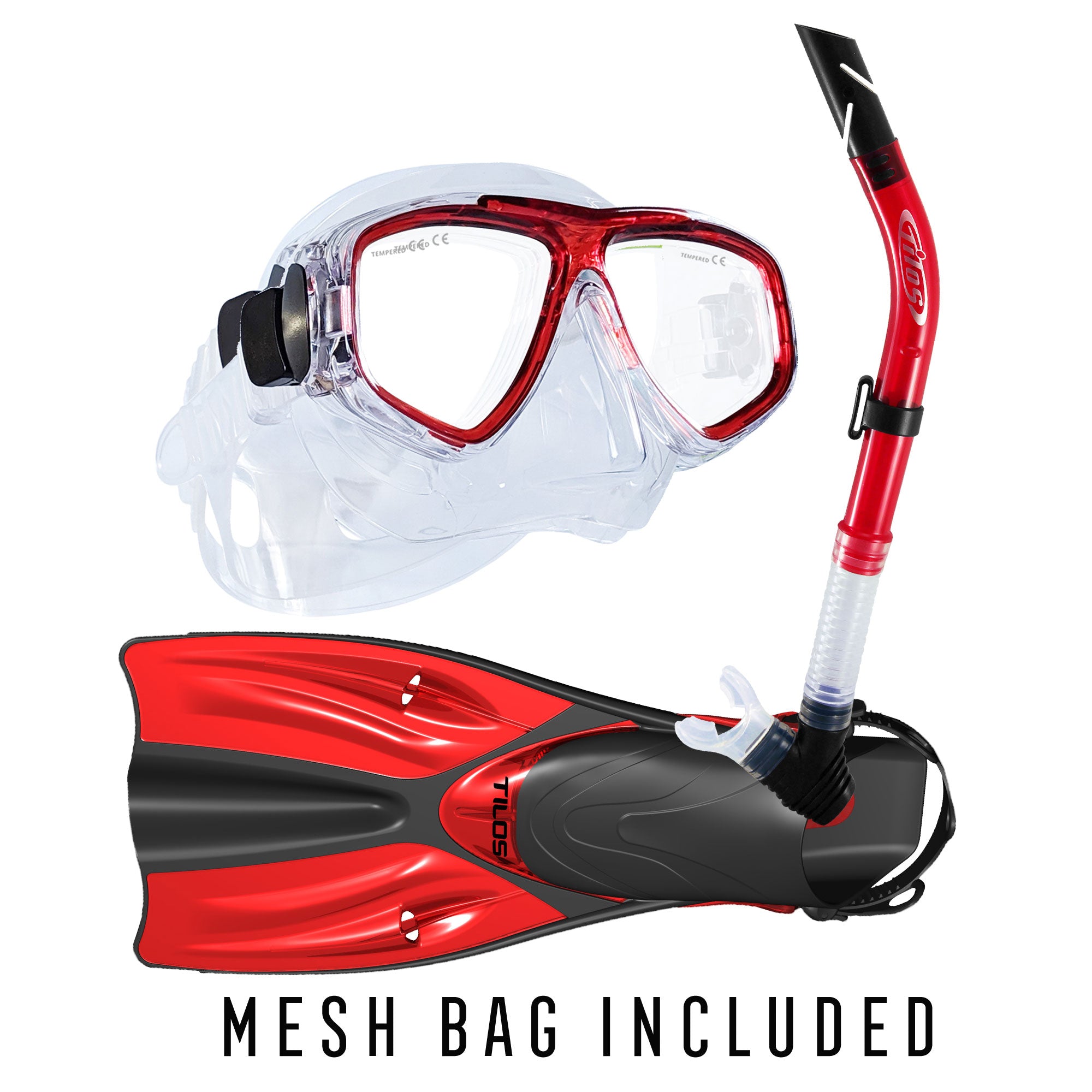 Tilos Fantasia Mask, Splash Semi-Dry Snorkel and Getaway Fins Set in red — complete mask, snorkel, and fin set
