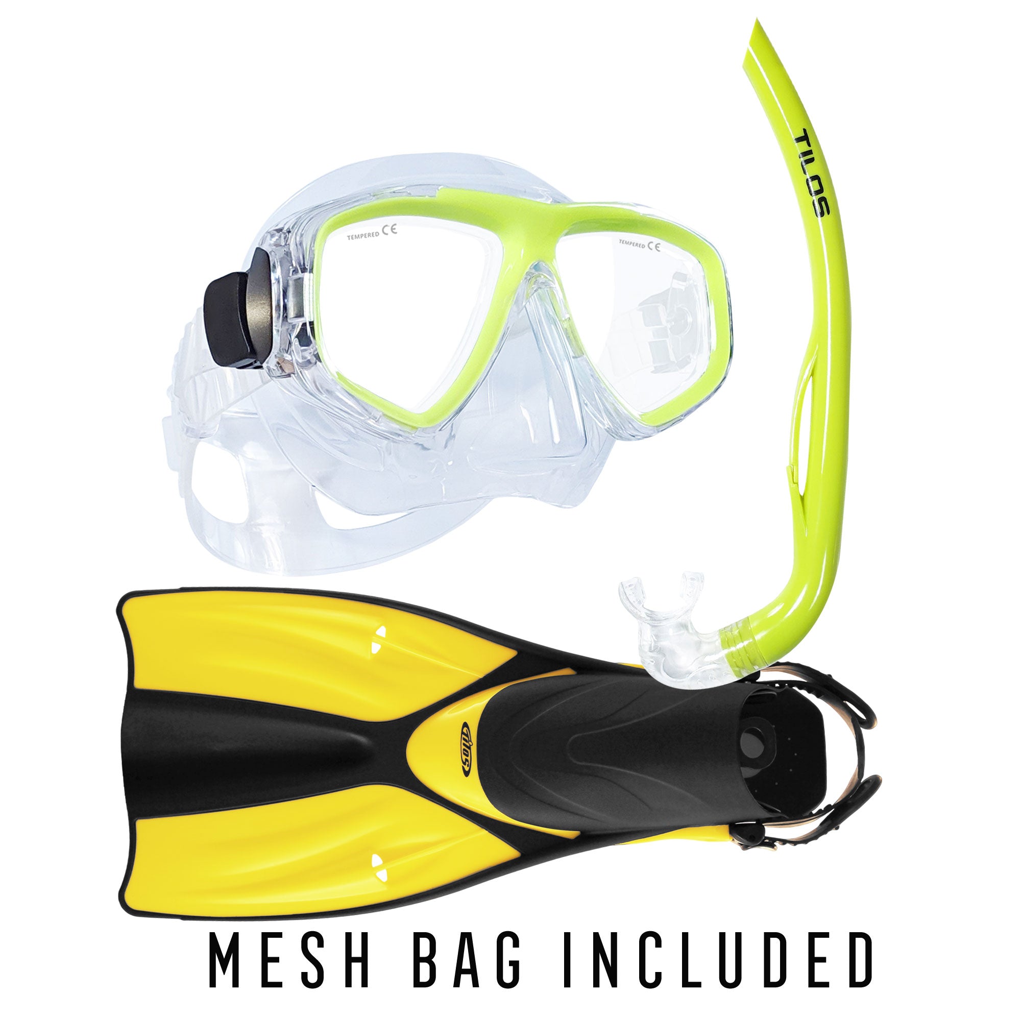Tilos Fantasia Mask, Basic J Snorkel and Getaway Fins Set in yellow — set components detail view