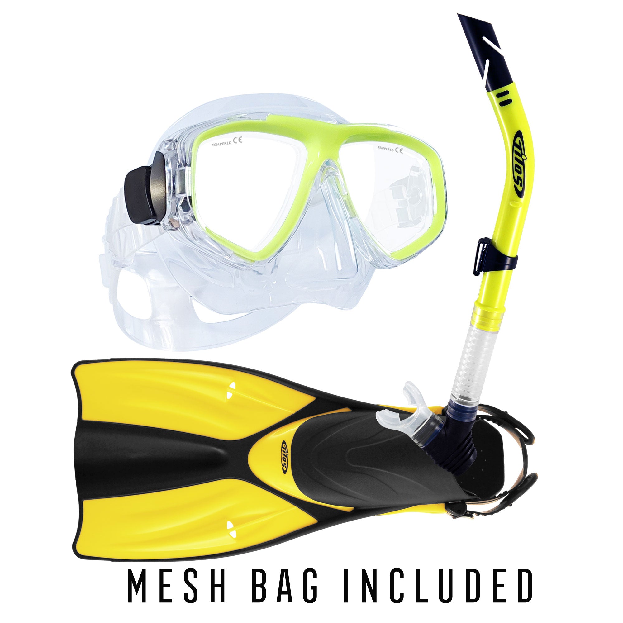 Tilos Fantasia Mask, Splash Semi-Dry Snorkel and Getaway Fins Set in yellow — set components detail view