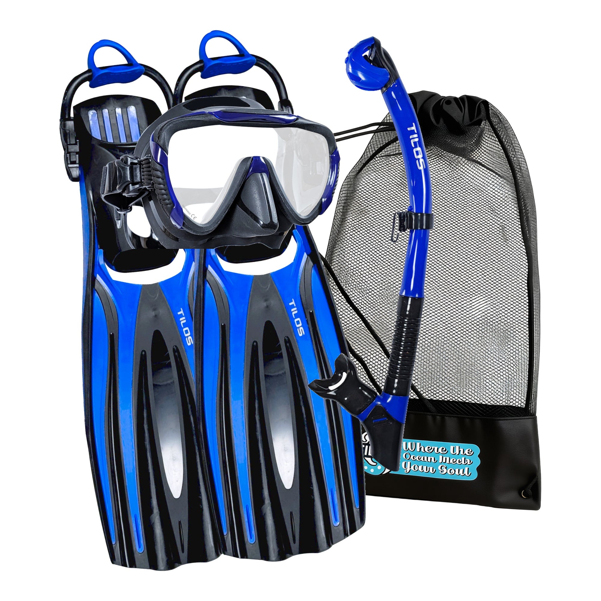 Tilos Morphi Mask, Orion Dry Snorkel and Forager Open-Heel Fins Set in Black/Blue — mask, snorkel, fins and mesh gear bag