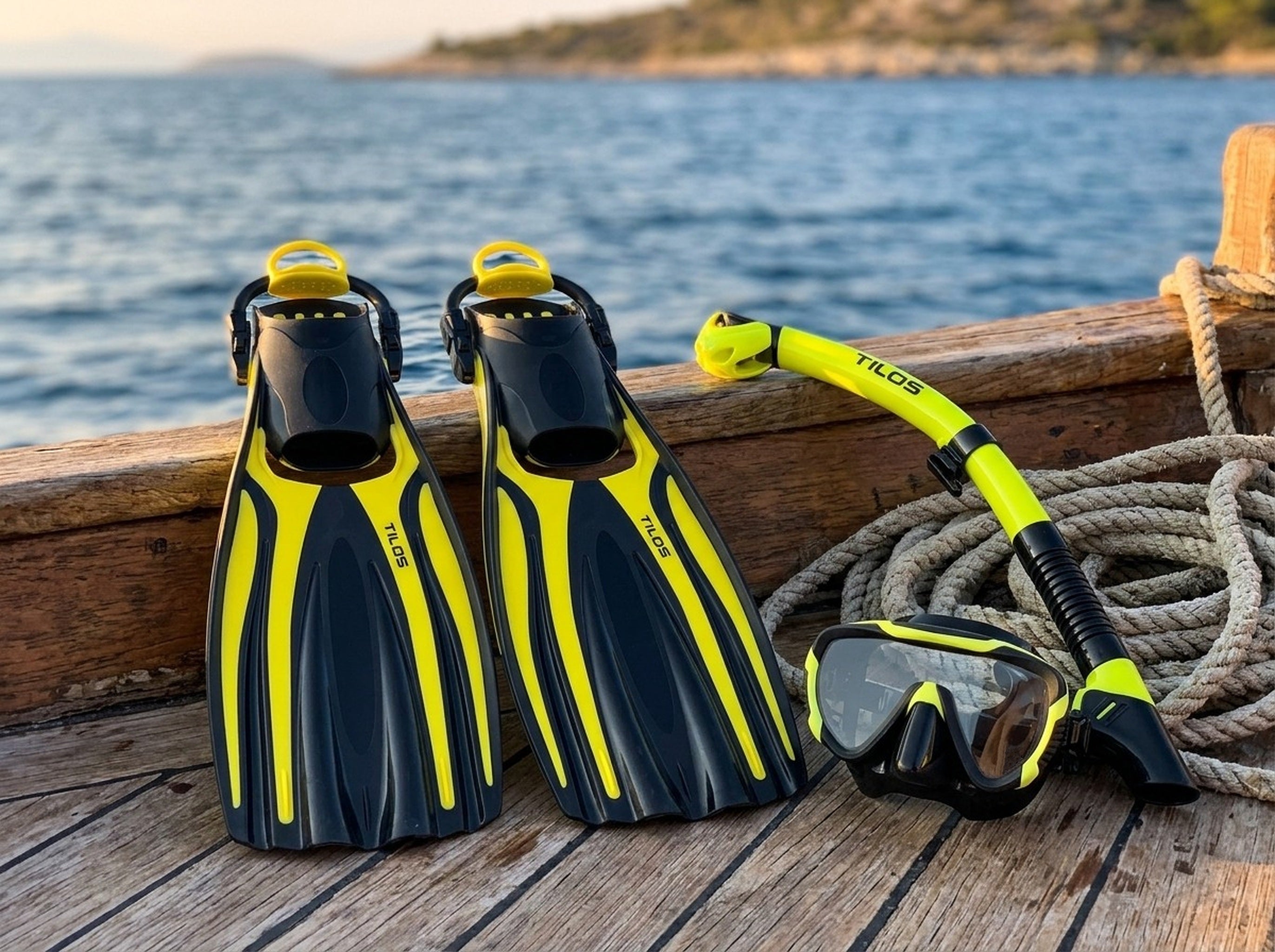 Snorkeler using the Tilos Morphi Mask, Orion Snorkel and Forager Fins Set in Black/Yellow — deck