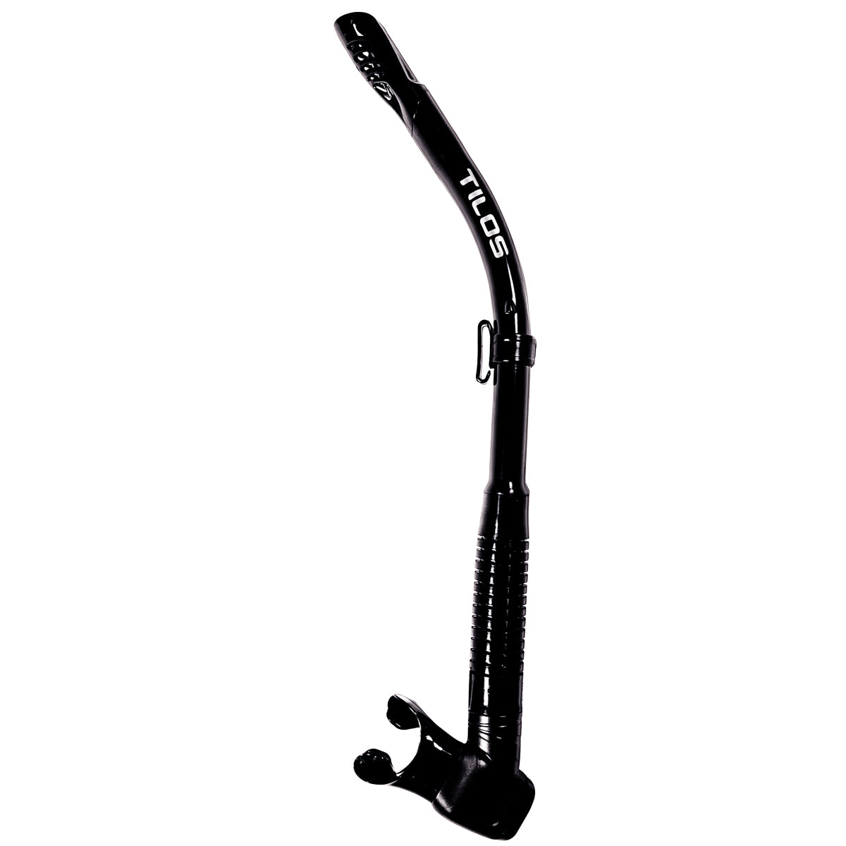 Tilos Hi-Flow 2 Semi-Dry Snorkel in black — full snorkel showing dry top valve and mouthpiece