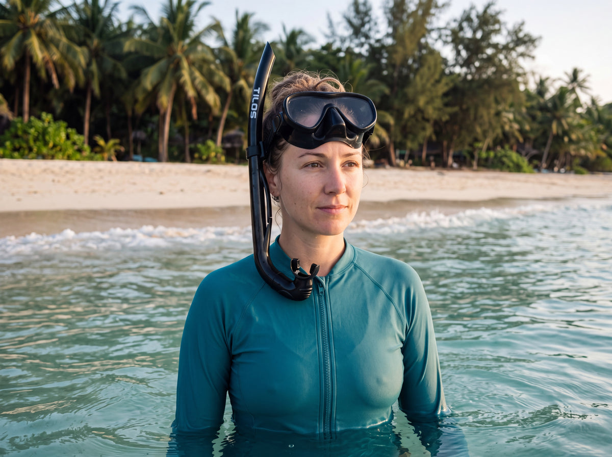 Snorkeler standing in shallow turquoise water at a tropical shoreline with the Tilos Basic J Snorkel in black clipped to her dive mask strap