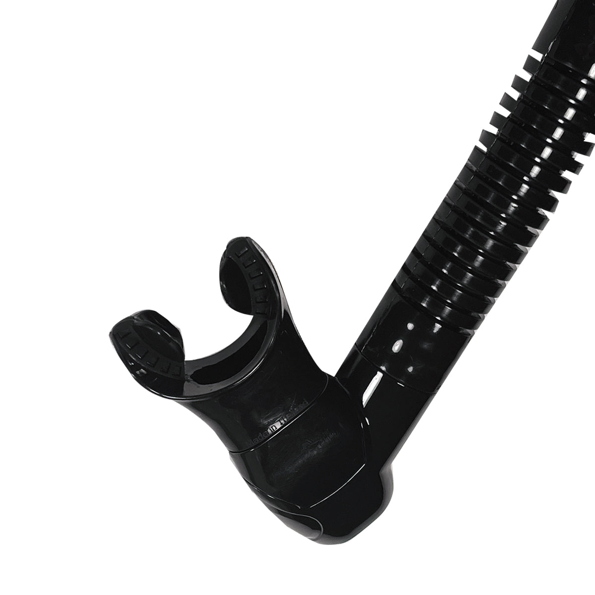 Tilos Diver Sleek Dry in black — full snorkel showing dry top valve and mouthpiece