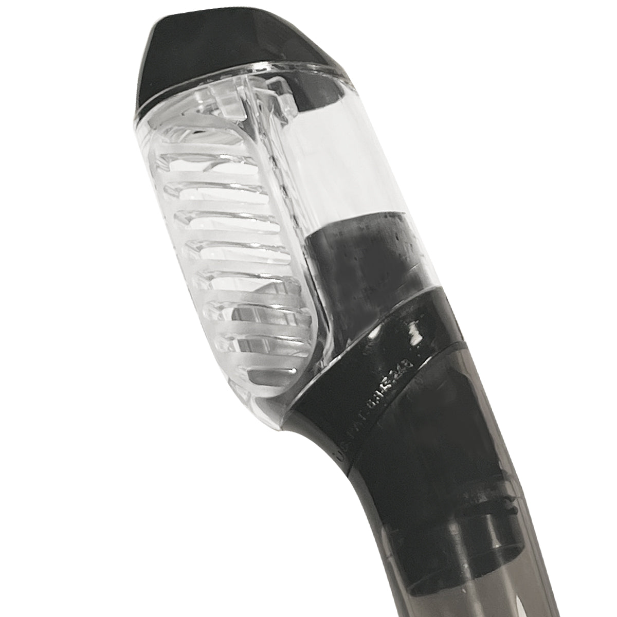 Tilos Sleek Dry Snorkel in black — full snorkel showing dry top valve and mouthpiece